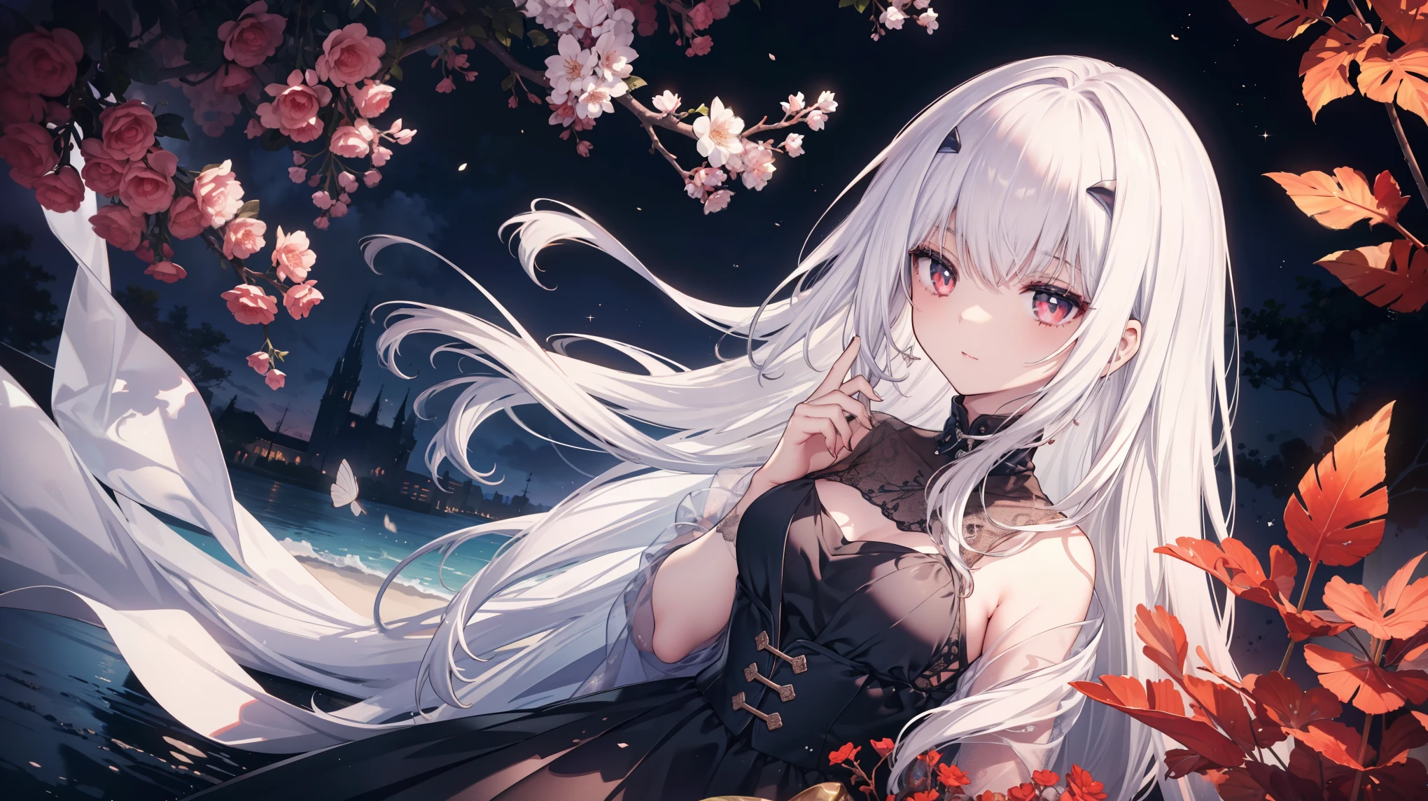 High image quality, masterpiece, Delicate Hair, Delicate eyes, Delicate Hair, ((masterpiece, 最High image quality)), High image quality, masterpiece, Delicate Hair, Delicate eyes, (Photo Original), (, Clear images, Super Resolution, Very surprising details, Amazing details), Scattered beneath the surface, Optimal ratio of four fingers to one thumb, masterpiece, Best Quality, High image quality, (One girl:1.2 ), Alone, , White hair and red eyes, vampire, Indifference
