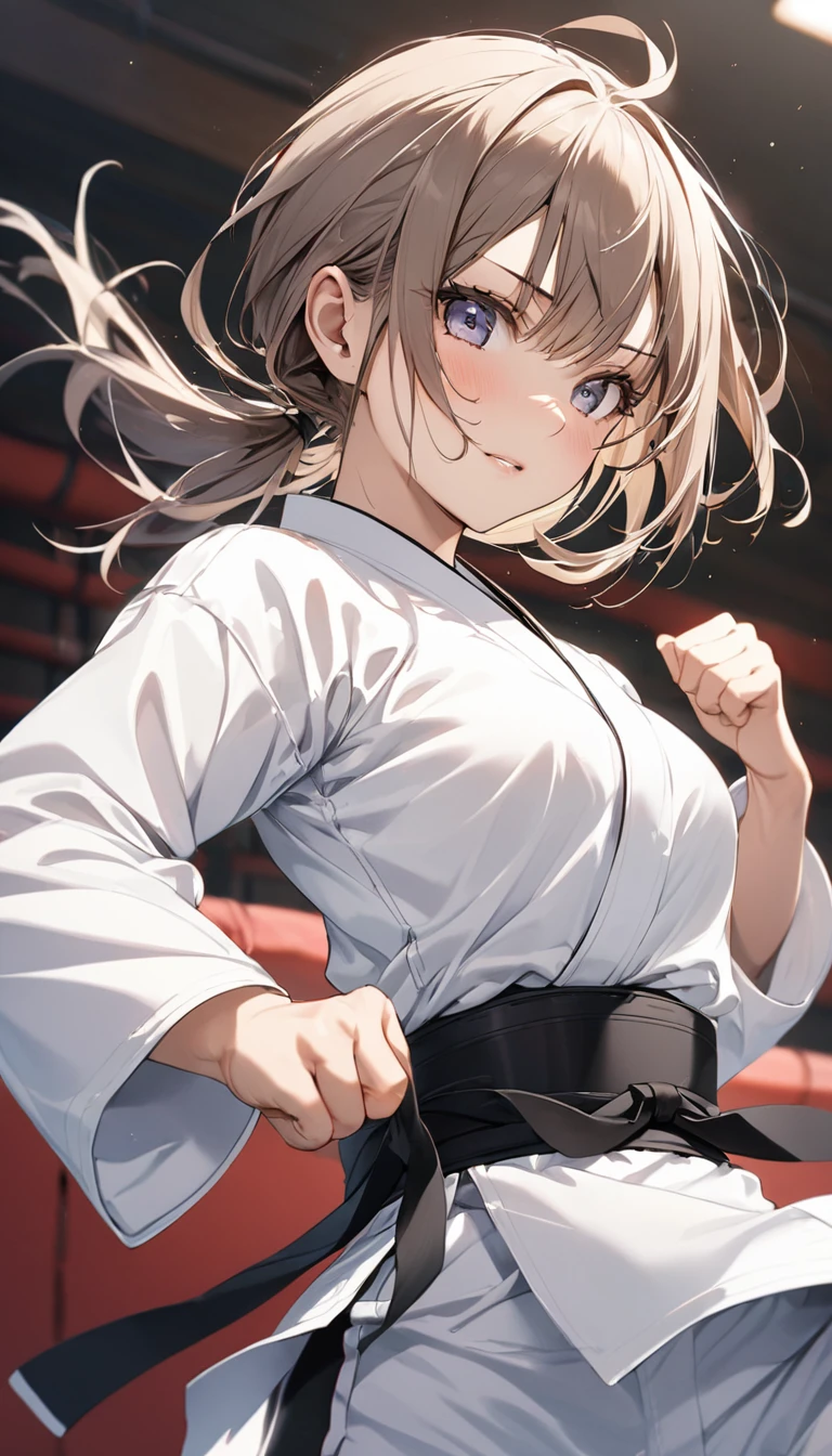 (masterpiece),(Highest quality),(Super detailed),(High resolution),(Highest quality),(An illustration),8k,One female,Girl,Beautiful Skin,Beautiful Face,,Serious,Wearing a karate uniform,Karate Dojo,Karate kata,dynamic,(Hand,detailed,perfect,perfection,hands)