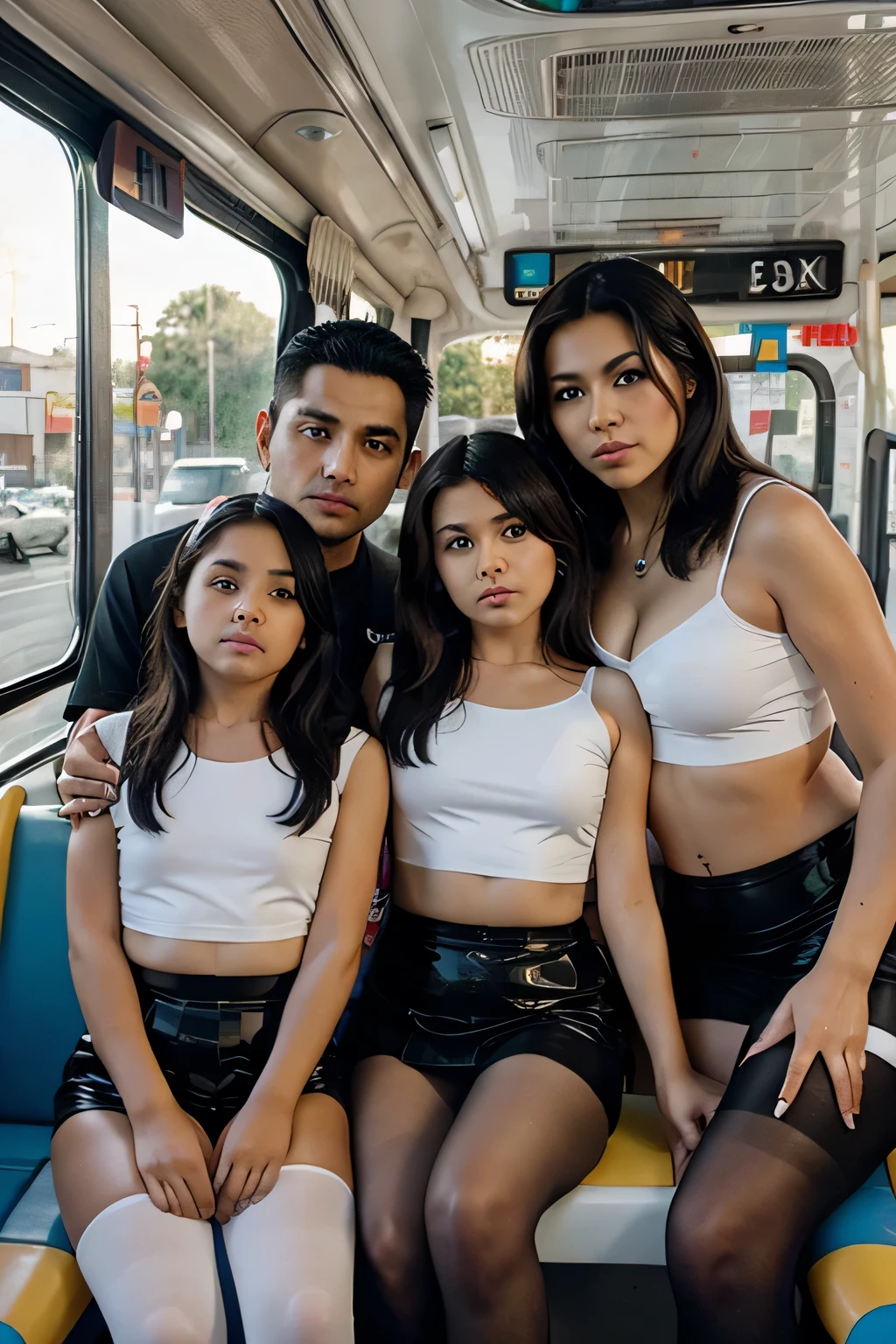 a family of mexicans with spandex and leather skirt on a plane