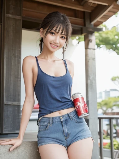junior high school student, cute female student, running a marathon, wiping sweat with a towel, drinking a drink, chatting with a smile, 14yo