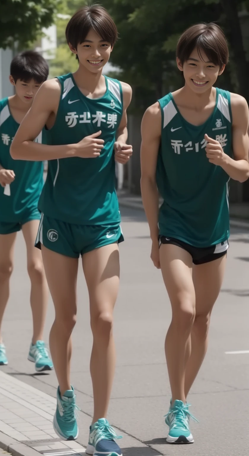 3 guys are streaking, humiliated, so embarrassed, handsome guys, running, Upper body naked, ((Lower body naked)), blushed, , On the ground, Male idols, Japanese, Twink