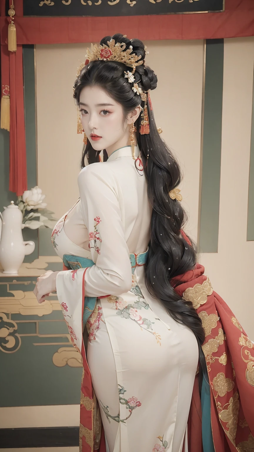 best quality, (((Jing Tian, Jing Tian, Jing Tian))), (((Hanfu, Hanfu))), (((Gorgeous Empress of the Chinese Court during the Qing Dynasty Gorgeous Empress of the Chinese, with her hair tied on both sides The background of this perverted and erotic woman wearing a crown and tying her hair is the Chinese court of the Qing Dynasty. The scene is set in the luxurious room of an empress in the Qing Dynasty Chinese court))), ((masterpiece)), (wedding dress) ((black hair, long hair)), ((blue eyes)), (((180cm))), looking to viewer, hairline, (((porcelain white skin, white skin, white skin, wet skin, wet skin))), ((top-quality,​masterpiece:1.3,超A high resolution,),(ultra-detailliert,Caustics),(Photorealsitic:1.4,RAW shooting,)Ultra-realistic capture,A highly detailed,High resolution 16K human skin closeup。 Skin texture is natural、,The pores are、Must be detailed enough to be easy to identify。 Skin should look healthy with even tones。 Use natural light and color)), 8k, hot, sexy, big, ((180cm)), ((wide hips, heart-shaped)), curved body, full bodyesbian, thick thighs, perfect body, full viewing angle, perfect body, perfect lower hip, perfect high hip, perfect nipples, perfect pussy, perfect vagina, ((big breasts)), perfect nipples, perfect breasts, pose, ((catwalk))
