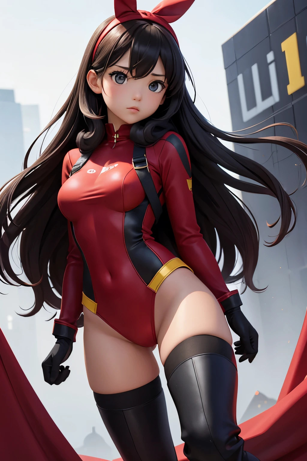 One girl, solo, High resolution, Red tight-fitting hero suit、Black thigh-high boots、Black Gloves、Black berry long hair、Yellow headband、