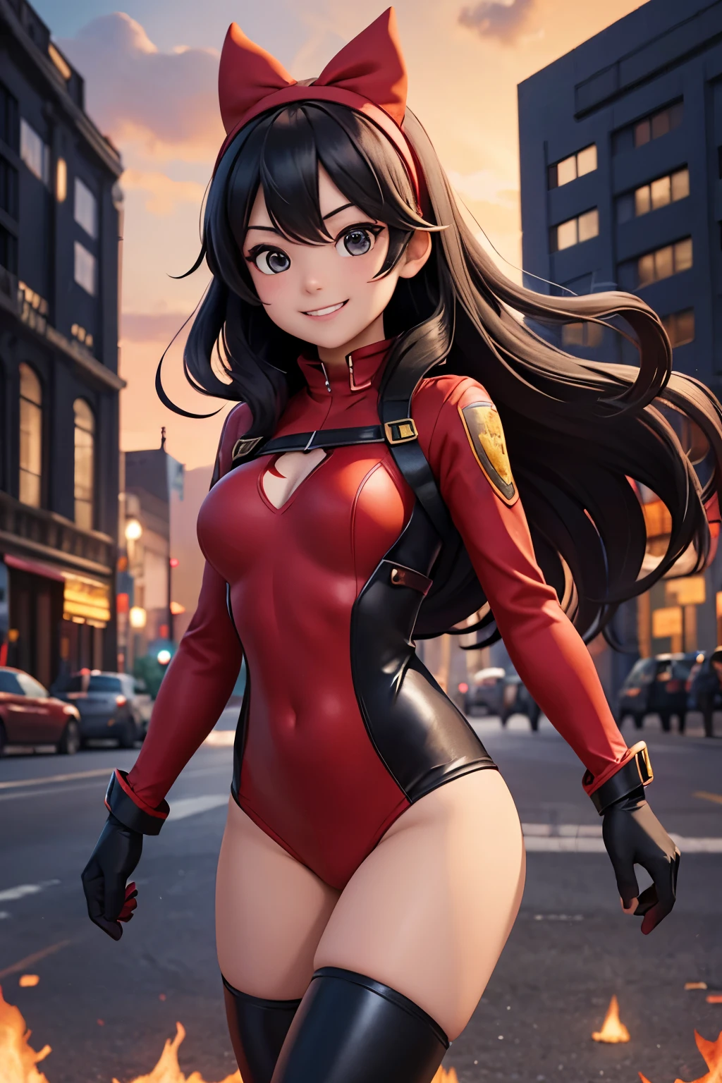 One girl, solo, High resolution, Red tight-fitting hero suit、Black thigh-high boots、Black Gloves、Black berry long hair、Yellow headband、Grin、A city in flames