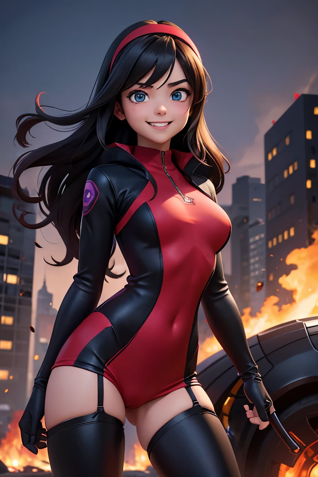 One girl, solo, High resolution, Violet Parr、Red tight-fitting hero suit、Black thigh-high boots、Black Gloves、Black berry long hair、Yellow headband、Grin、Burning City