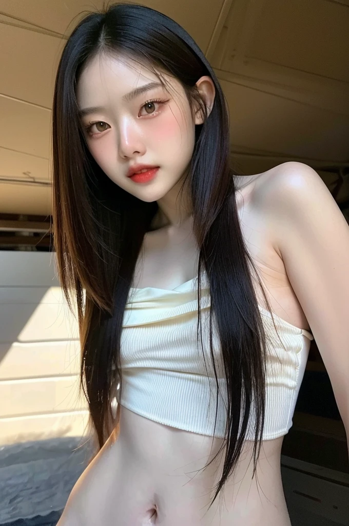 Araffe Asian woman with long black hair posing for a photo, linda jovem coreana, linda mulher sul-coreana, linda jovem coreana,  coreana, Ulzzang, jaeyeon nam, Heonhwa Choe, asian girl com cabelo comprido, Jinyoung Shin, com cabelo comprido, com cabelo comprido and piercing eyes, sakimichan, young lovely korean face, wear supreme tshirt