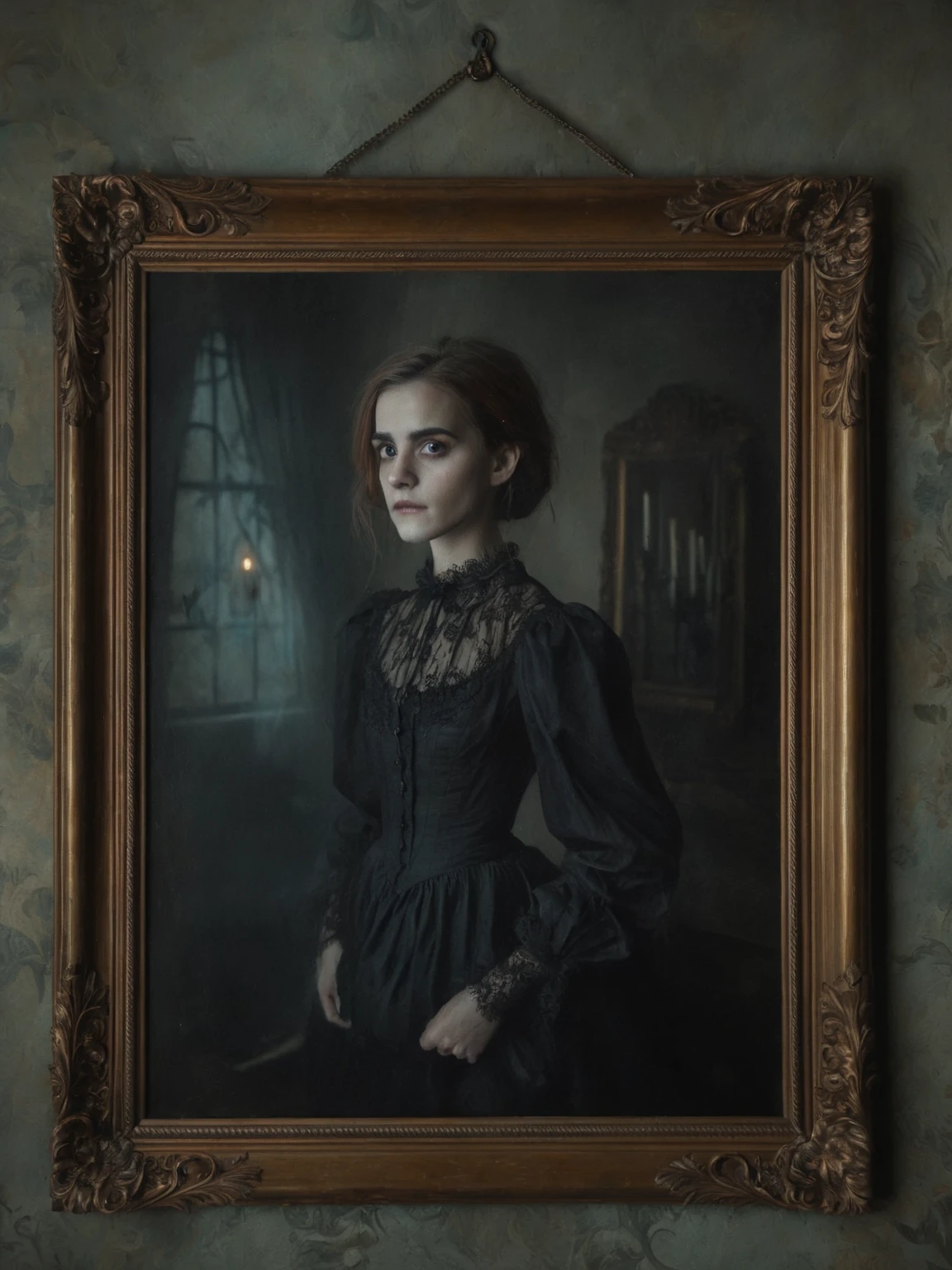 Emma Watson, brown hair, victorian dress, trapped in a haunted oil painting, painting frame, ghostly, hanging on the wall in a victorian house