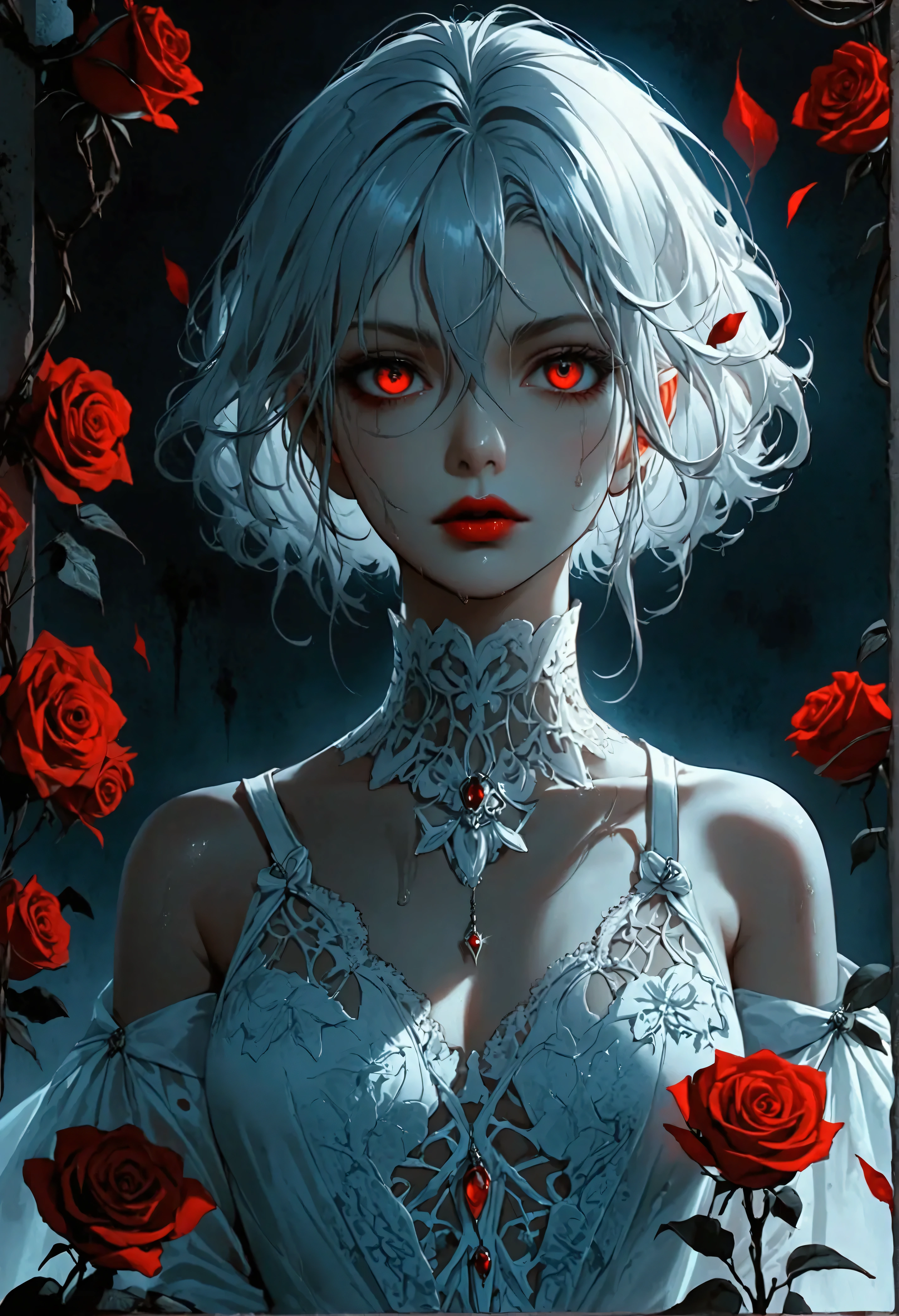 A striking female vampire stands against a dark, shadowy background. She has short, sleek white hair and glowing red eyes that pierce through the darkness. Her lips are wet with red stains, a sign of her recent feeding. She is dressed in an elegant, gothic white dress adorned with intricate lace details and vibrant red roses, which contrast sharply with the eerie atmosphere. The image captures the eerie beauty and deadly allure of the vampire, with every detail rendered in high fidelity and ultra quality. The overall composition is a masterpiece of visual delight, worthy of an award-winning digital artwork.