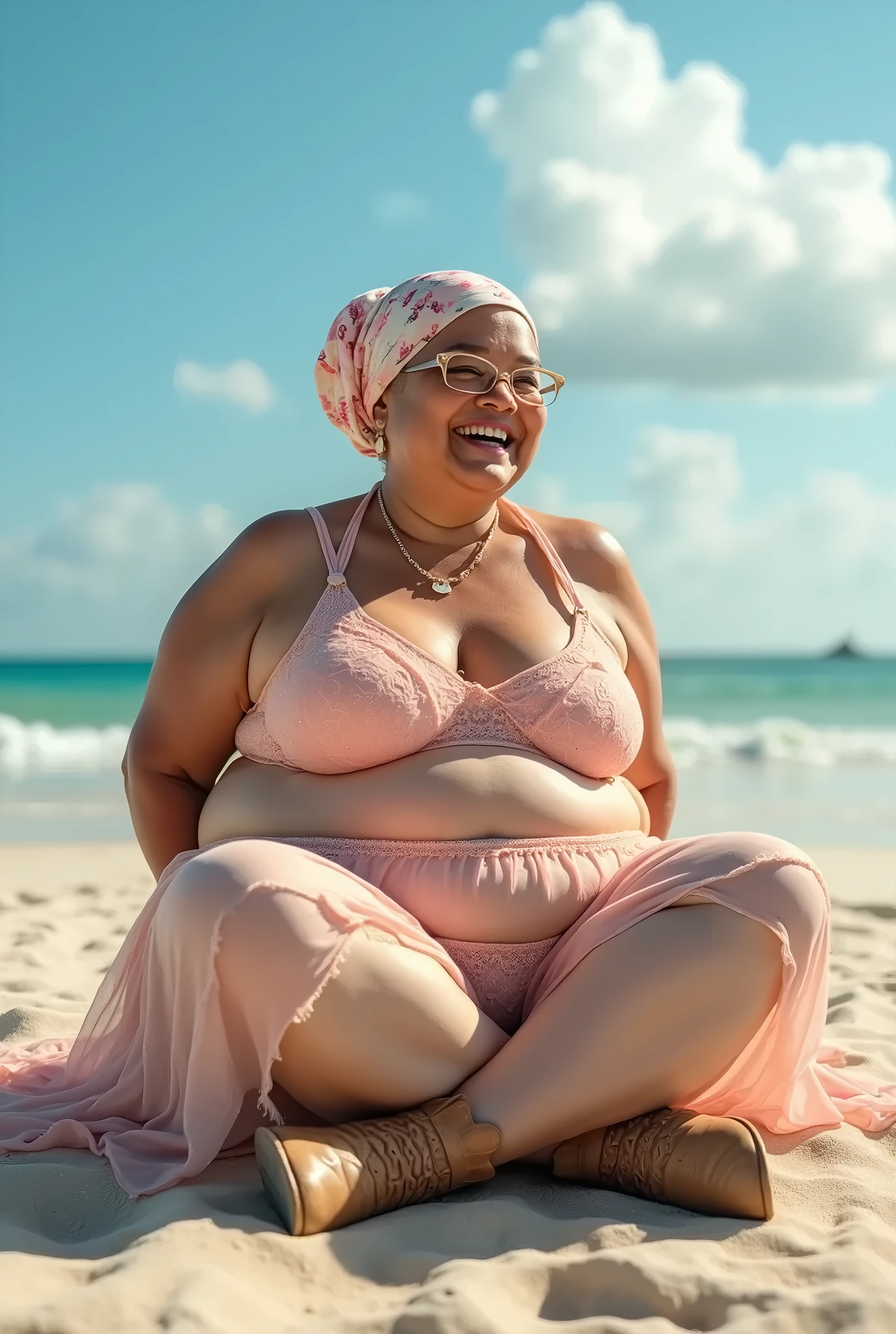 Image of an obese woman feeling offended at a beach because of her weight.
