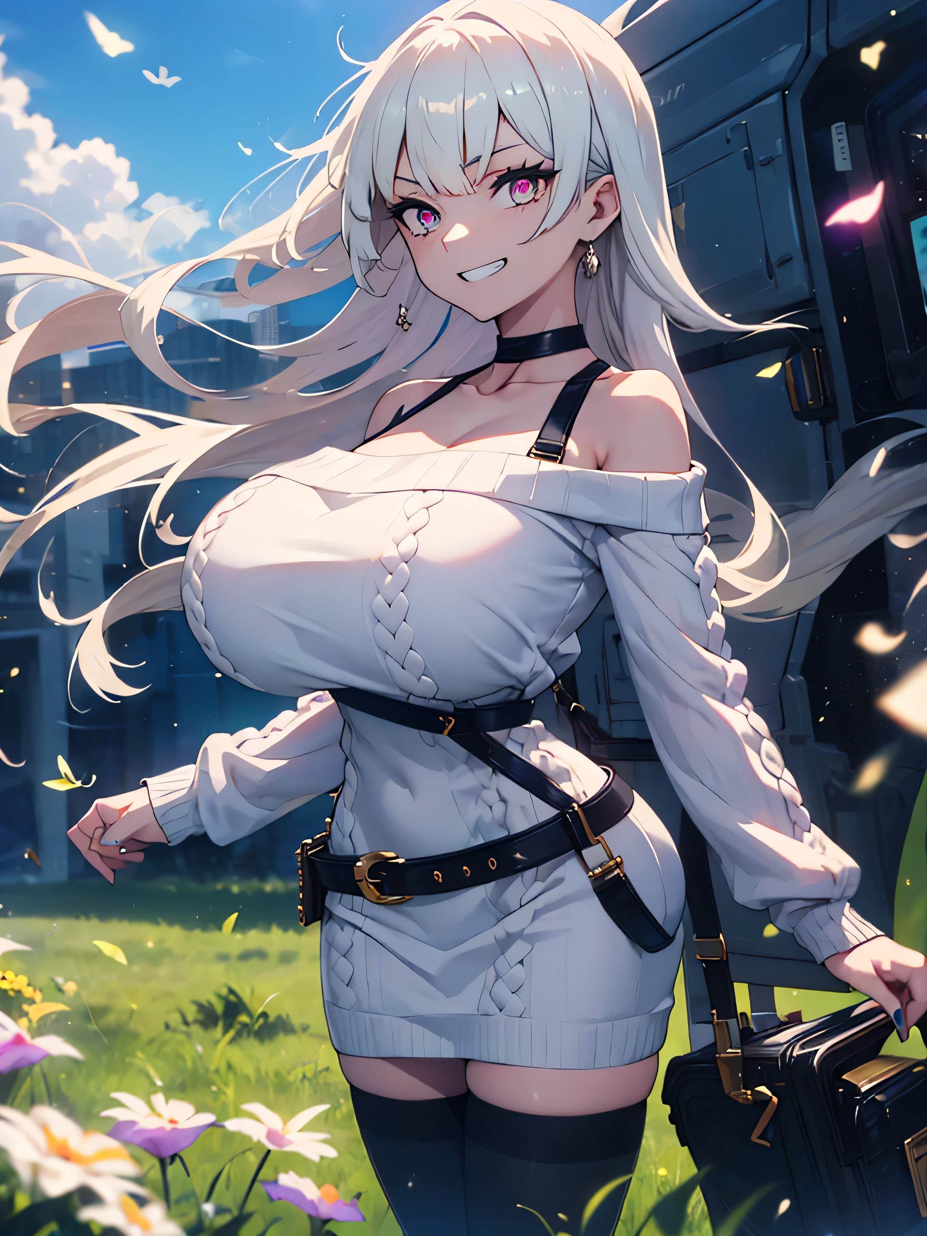 (solo), (1 tall girl standing), dynamic pose, swaying back, grin, BREAK, (shiny long white hair), glowing scarlet eyes, white skin, BREAK, (very short torso:1.2), (disproportionately huge breasts:1.2), (long breasts), narrow waist, (very long skinny legs:1.2), (slim skinny thighs:1.2), BREAK, (short off-shoulder white sweater dress:1.3), bursting breasts,, cleavage, collarbone, belt cinches waist too tight, thigh gap, (tight-fit inky-black thighhighs:1.2), military boots, BREAK, landscape, grassland