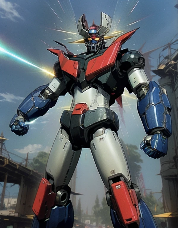 Humanoid Mecha, Fully enclosed shoulder guards, Matching arm and leg guards, whole body, Full Armor, Super Robot, A design that combines solidity and agility, (The color scheme is mainly white.、Comes with red and blue accents。, the concept Inspired by Super Robot, Lion concept chest armor, Pose, Standing, Floating above a futuristic sci-fi city), Exquisite and mature art style, (Aura Effect, Energy, Glowing Eyes, The armor shines), ((ＳＲＳ)), metallic, dramatic, High resolution, Best Quality, High resolution, Very detailed, Ultra-fine painting, Very delicate, professional, 完璧なボディprofessionalポーション, Anatomically correct, Symmetrical face, Very detailed目と顔, High quality eyes, creativity, RAW Photos, 超High resolution, 32K, Natural Light, Cinema Lighting, masterpiece-anatomy-perfect, masterpiece:1.5. Glowing Eyes