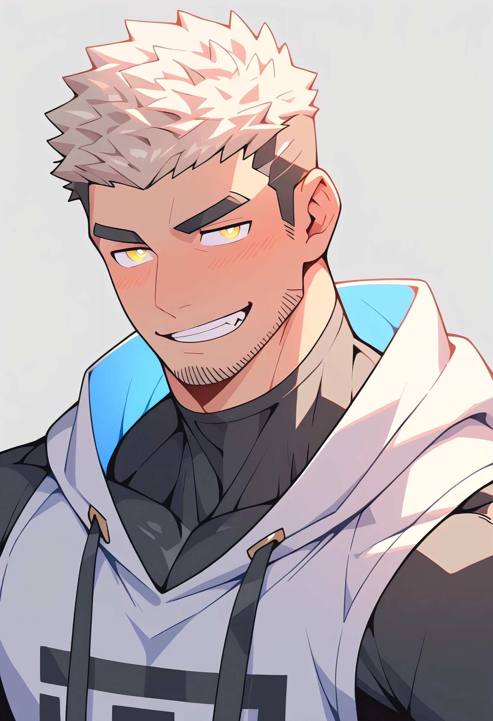 anime characters:Gyee, Young Muscle Sports Sexy Teacher, negro black skin, Manliness, male focus, long-sleeved hooded sweatshirt, Very tight, muscular male, muscular, only, Upper body, White short hair, Thick eyebrows, stubble, Yellow eyes, Grey background, simple background, amazing quality, best aesthetics, Ridiculous, bright pupils, crew cut, parted lips, seductive smile, torogao, naughty face, best quality