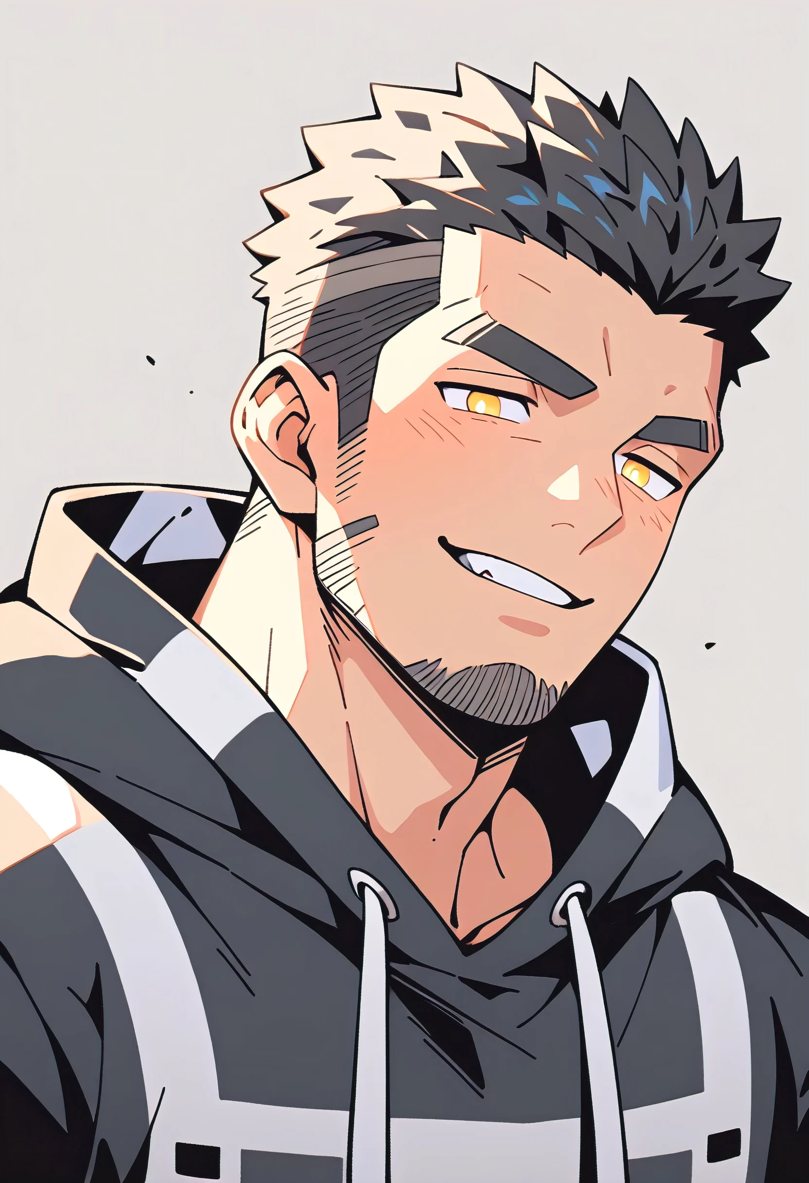 anime characters:Gyee, Young Muscle Sports Sexy Teacher, negro black skin, Manliness, male focus, long-sleeved hooded sweatshirt, Very tight, muscular male, muscular, only, Upper body, White short hair, Thick eyebrows, stubble, Yellow eyes, Grey background, simple background, amazing quality, best aesthetics, Ridiculous, bright pupils, crew cut, parted lips, seductive smile, torogao, naughty face, best quality