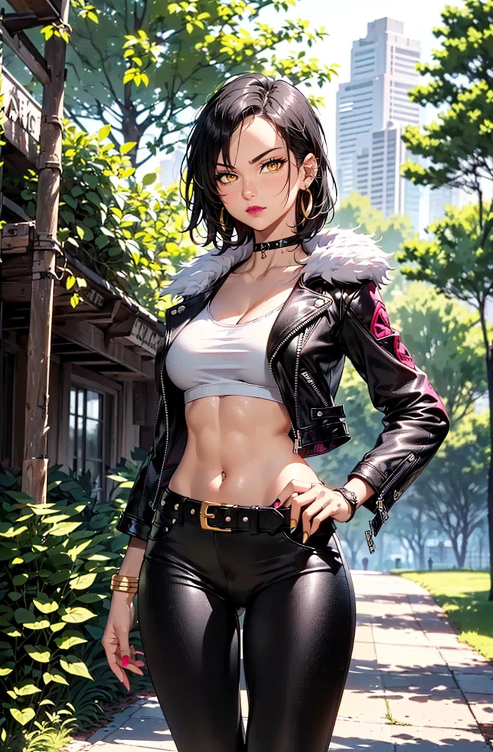 ((1girl, solo ,alone, (Merlin7DS, short hair,balck hair, yellow eyes), gold bracelets, ruby earrings)), ((solo, 1woman, pink lipstick, Extremely detailed, ambient soft lighting, 4k, perfect eyes, a perfect face, perfect lighting, a 1girl)), austere, , ((fitness,, shapely body, athletic body, toned body)), (( biker woman, rocker woman, punk woman, black jacket, leather jacket, gray t-shirt, black pants, leather pants, belt, , park, , trees, , sunny day, smug))