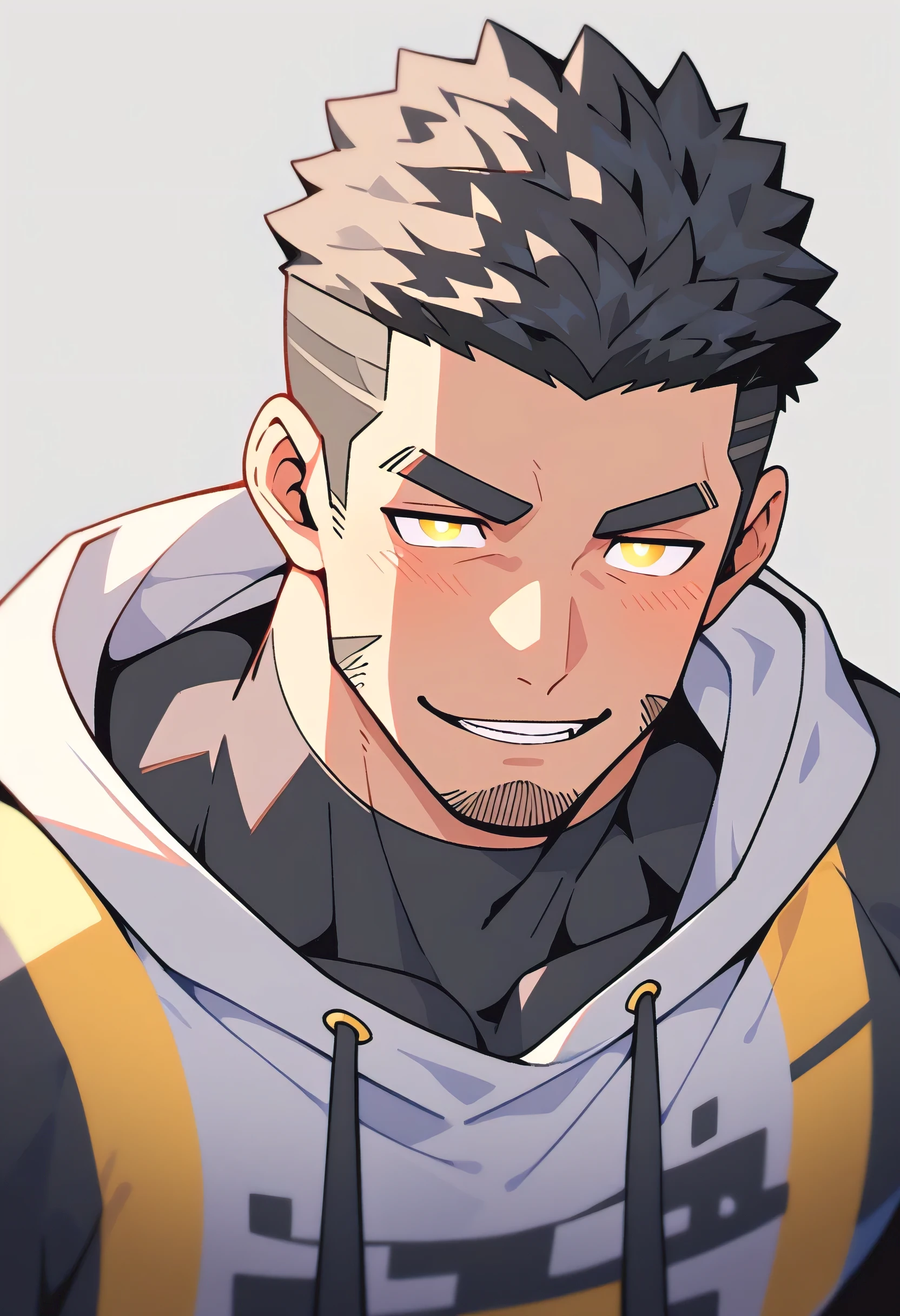 anime characters:Gyee, Young Muscle Sports Sexy Teacher, negro black skin, Manliness, male focus, long-sleeved hooded sweatshirt, Very tight, muscular male, muscular, only, Upper body, White short hair, Thick eyebrows, stubble, Yellow eyes, Grey background, simple background, amazing quality, best aesthetics, Ridiculous, bright pupils, crew cut, parted lips, seductive smile, torogao, naughty face, best quality