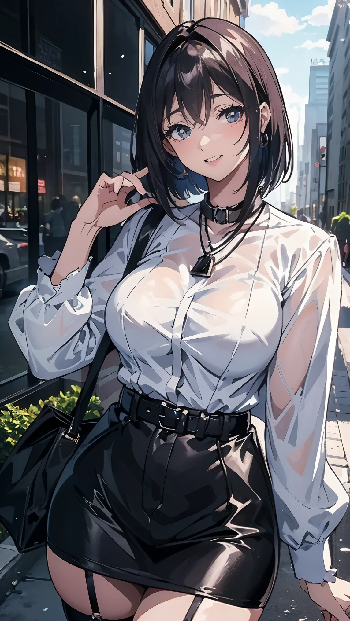 ((masterpiece, Please redeem, Very detailed)), Anime CG,
One Girl, 20 years old, Full make-up, Black Hair, Bobcut, bangs, break ((Beautiful black eyes)), Big Eyes, Droopy eyes, Medium Breast, , smile, Browse your viewers,
Monochrome gothic casual spring-like young woman/Summer Fashion. She is wearing a black sheer shirt, black micro mini skirt,. accessories、Layered silver necklace and wide belt.
background: Cityscape,