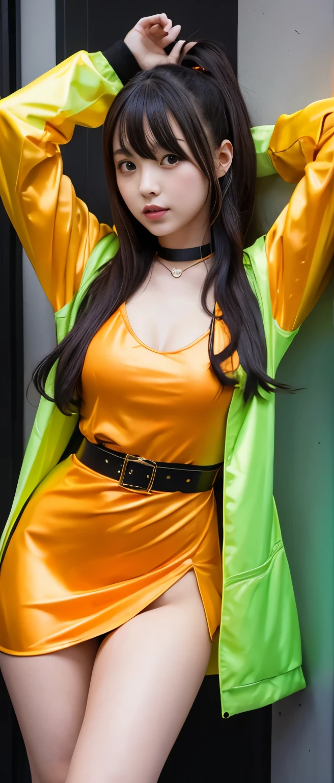 Realistic, big , Very long hair, Lying on the beach, Looking at the camera, Yellow suit