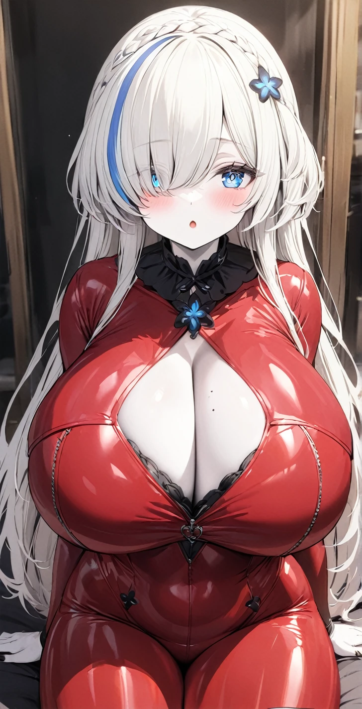 busty breasts, masterpiece, high quality, high detail, 4k, rtx, high resolution BREAK 1girl, cute_face ,aged_down, blue_streaked_hair,hair_over_one_eye, blue_eyes,high detailed eyes,: o, very long hair,braid,white hair_ornament,white skin,black nail_polish BREAK (latex red bodysuit:1.3),cleavage cutout, tight_clothing BREAK gigantic breasts,(cleavage:1.3), thick thighs BREAK sit, pov, facing viewer, mole on breasts,leaning back