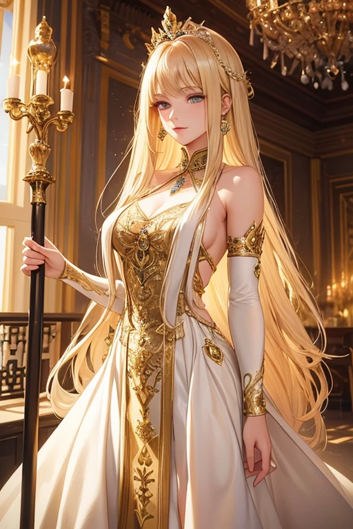 Visual Description:In the splendor of a luxurious Roman palace, a young princess exudes an aura of majesty and sophistication. She is between 18 and 22 years old, with flawless skin and a perfectly sculpted body. Her long golden blonde hair shines brightly and reflects the light around her., creating a dazzling effect. His eyes are a deep golden yellow, radiant and fascinating.The princess wears a long golden silk imperial robe, that flows gracefully to the ground. The tunic is light and fluid, with a deep neckline and wide sleeves that give an air of elegance. The fabric is adorned with intricate embroidery in gold and precious stones, that capture the light in a charming way. Na cintura, a golden headband with an elegant brooch accentuates your slender figure and adds a touch of sophistication.She wears thin gold strappy sandals, that match perfectly with the rest of the outfit. The decoration of the surrounding palace is made up of marble columns, luxurious tapestries and opulent decor, creating an environment that reflects the wealth and power of ancient Rome.The presence of the princess in the palace, dressed in the imperial robe, conveys a perfect combination of royal beauty and grace, standing out amidst the splendor of the environment