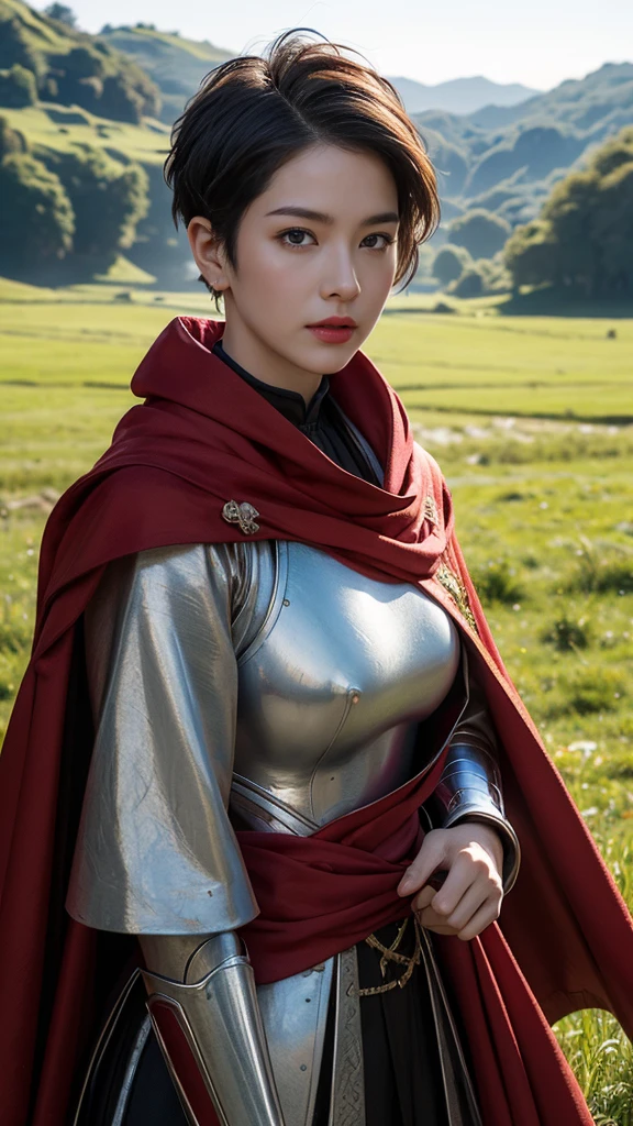 solo, Look at, High resolution, masterpiece, Very anatomically correct, Winner of numerous awards, High detail, Very detailed, Ultra high definition, Textured skin, ((Very short hair with shaved sides)), Large Breasts、Red Lip、Medieval armor with cloak、(The background is a grassland),