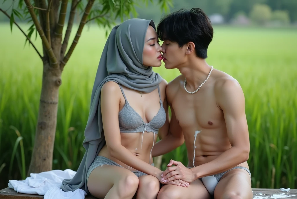 (1 gorgeous hijabi malay girl wearing loincloth, topless, wearing plain hijab, she is seducing 1 handsome korean guy with slick back hair, he have slick hair and is shirtless and wear shorts), dynamic pose, ultra realistic, masterpiece, maximum quality, film grain, eyes closed, highly detailed skin, fantasy flower garden, (flowers blooming densely in background), lisianthus, pale pink and light azure color grading, surreal and dreamy environment, ethereal foliage, high contrast, ink strokes, over exposure, abstract, (watercolor painting by John Berkey and Jeremy Mann, brush strokes), flower petals and leaves flying blown by wind, cinematic composition ((wind blowing)) dynamic pose, (sexual vibes)