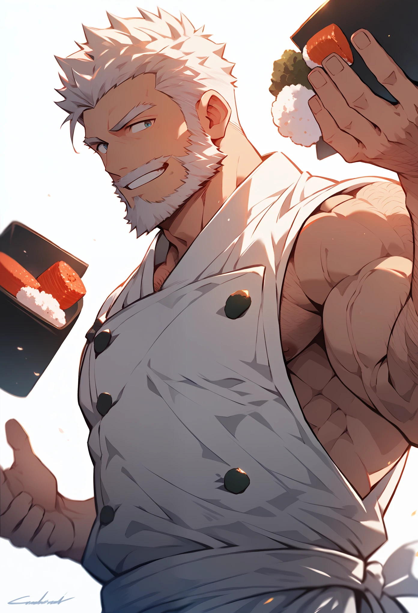 (Best quality: 1.0), (Super High Resolution: 1.0), (masterpiece, best quality:1.2), detailed, detailed hands, detailed eyes, score_9, score_8_up, score_7_up, furry, anthro, ((dragon)), ((solo)), grandpa, (about 70 years old), (manly), horns, handsome face, huge, bangs, white beard, beard above mouth, fluffly fur, nipples, looking pleasured, sexually, sexy pose, SFW, coffee shop, (apron), nude, bulge, flaccid, in heat, panting, sweat, sweaty, musk, (skinny, shy), hands touching, (looking at viewer, shy), blushes:0.3, close up view, (by bebebebebe, by syuro)