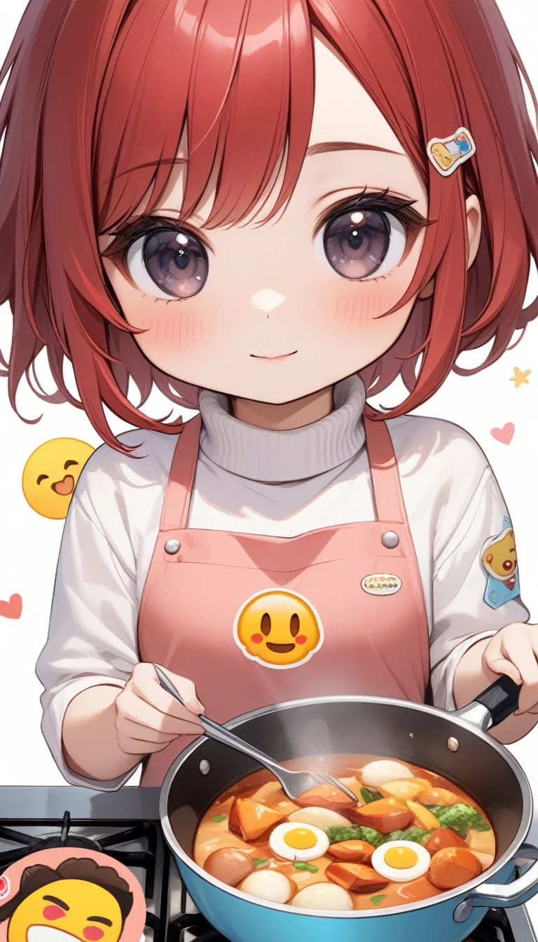 Best Quality, masterpiece, Kirie Light Mash, Alone, One girl, Black Eyes, white turtleneck shirt, (Chibi: 0.6), Bright Red Hair, Stickers, Emoji, cute, White background, ((Cooking food))