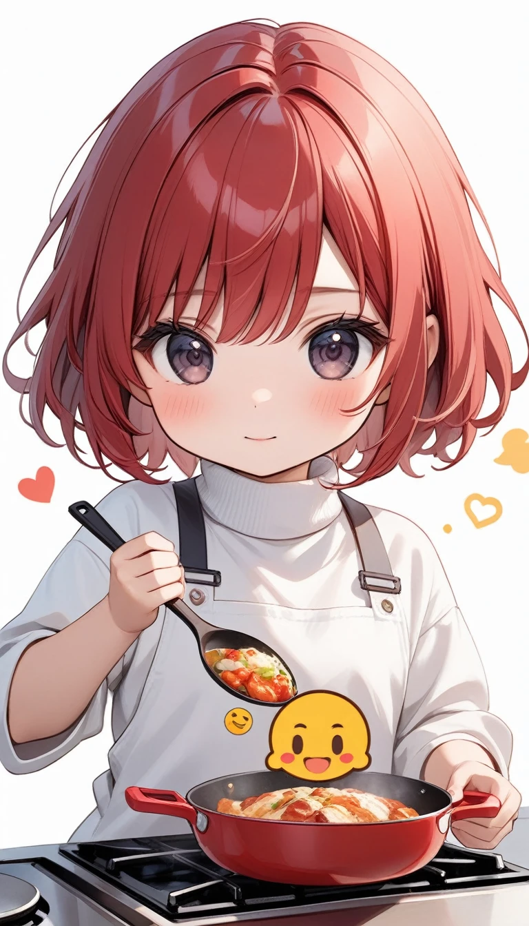 Best Quality, masterpiece, Kirie Light Mash, Alone, One girl, Black Eyes, white turtleneck shirt, (Chibi: 0.6), Bright Red Hair, Stickers, Emoji, cute, White background, ((Cooking food))