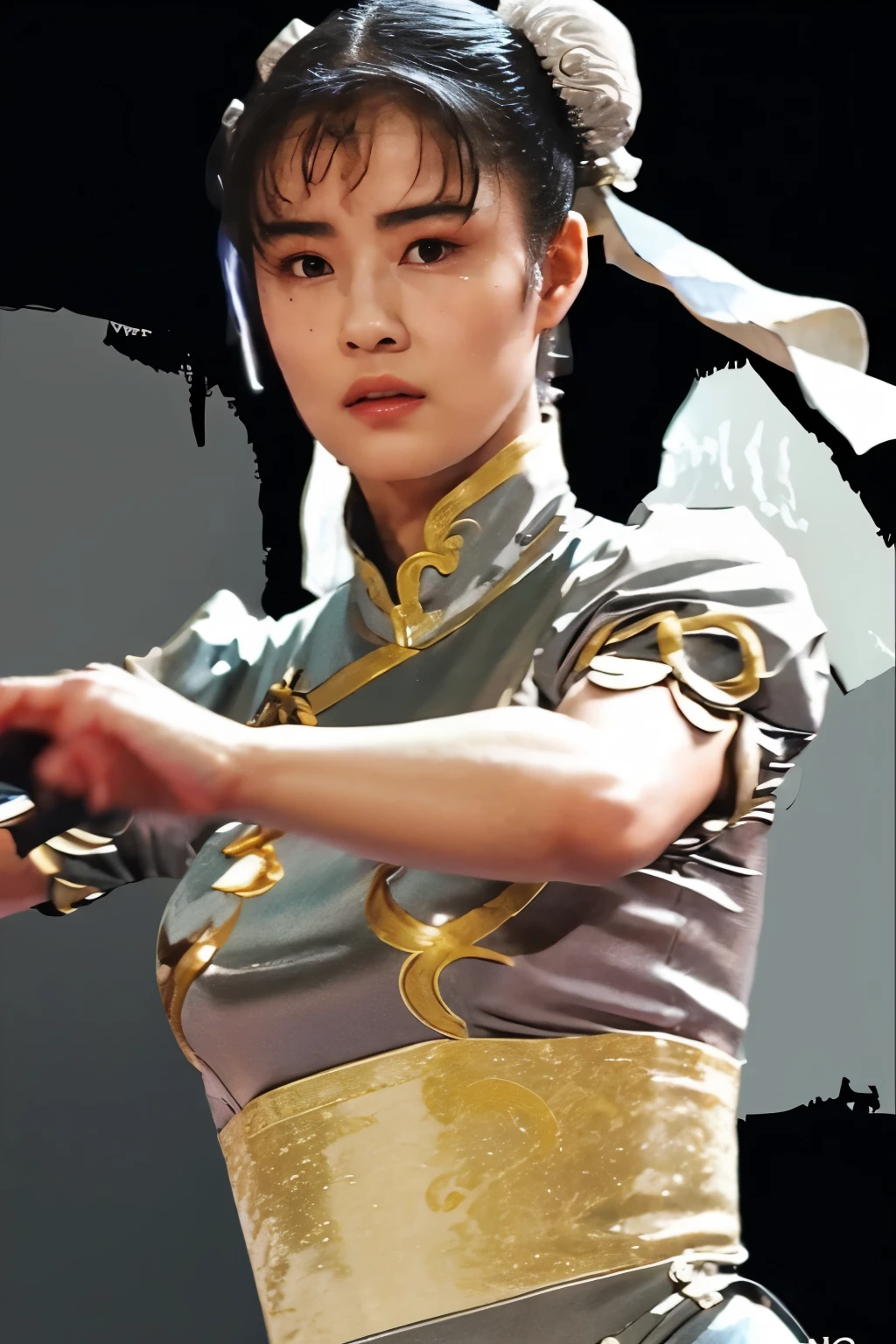 Chunli, Silver Costume, Make a poster for a martial arts movie, Hollywood Style, The facial details are accurately depicted, The details of the clothing are accurately depicted, Two white loaves, High image quality, 映画ではChunliが宿敵に敗北します, ポスターの中ではChunliが強力な敵に追い込まれている様子を描いてください, Create a dark atmosphere by depicting rain and night., Please suggest that there is a powerful enemy., The title of this movie is「Chunli無惨〜Beautiful martial artist、Fallen before his nemesis！」, Enter the movie title, Cinema lighting