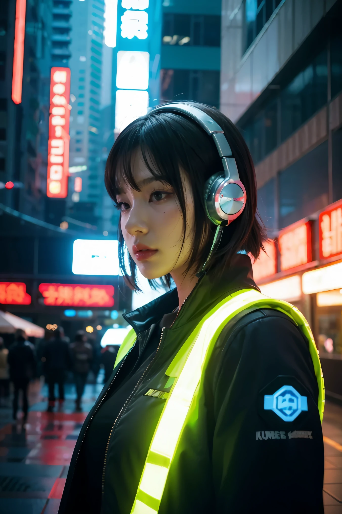 a woman with headphones standing next to a robot, cyberpunk art by Jason A. Engle, society, retrofuturism, ilya kuvshinov, sci-fi, futuristic, vibrant, photorealistic, realistic, dramatic, cinematic lighting, sharp focus, 8k