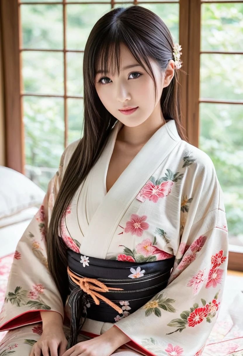 Raw photo, ((8k, masterpiece, best quality, ultra high res:1.2)), super detail, (sharp focus:1.3), (realistic, photo-realistic:1.37), nsfw, BREAK beautiful Japanese girl, 20 yo, Gravure Model, (black hair, very long straight hair), black eyes, fair skin, anatomically correct, large breasts, (luxury kimono), sexy pose, BREAK indoor, tatami floor, sitting on japanese bed, room lighting