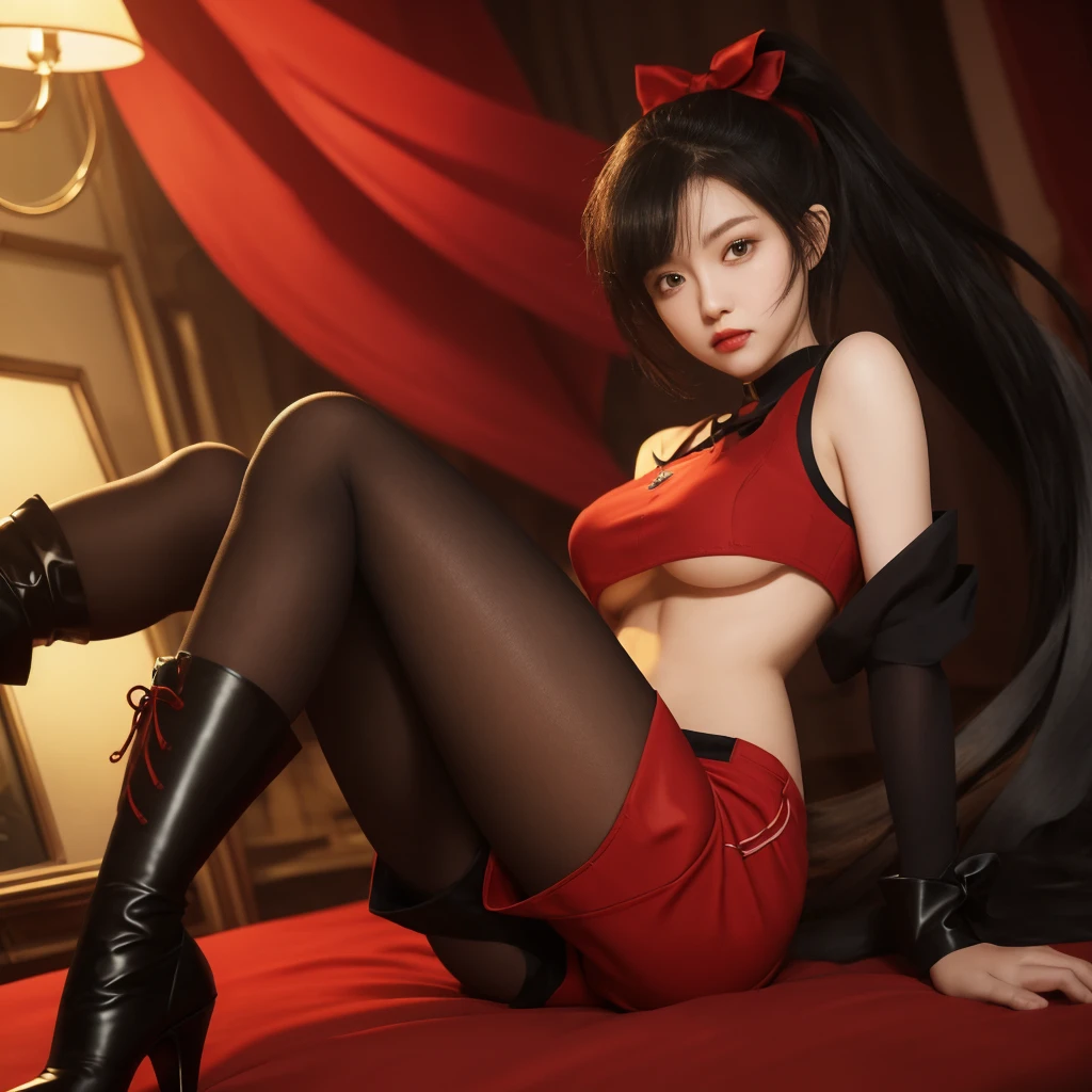 Regal, black hair, long flowing, earrings, red dress, cleavage, thigh highs, garter belt, high heels, squatting, legs spread apart, black lace panties, 1 girl