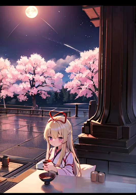 Yakumo Yukari is drinking sake under the cherry blossoms at night🍶　Full moon on a moonlit night🎑　Meteor shower and cherry blossom flurry🌸