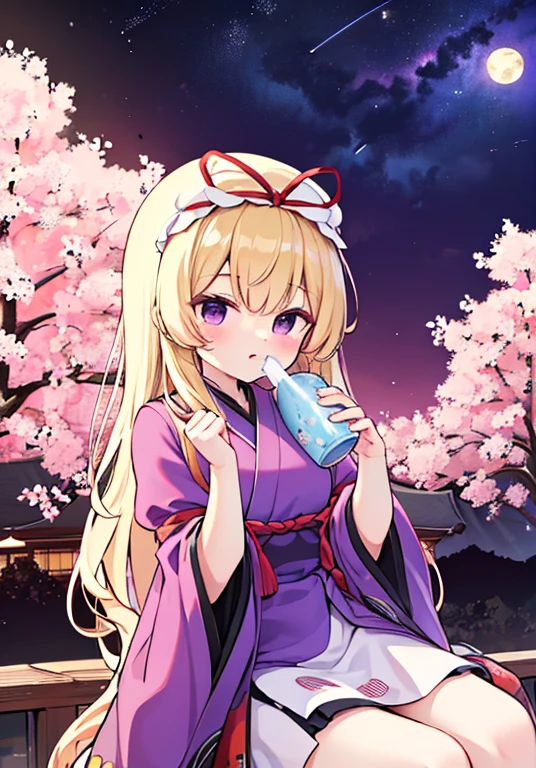 Yakumo Yukari is drinking sake under the cherry blossoms at night🍶　Full moon on a moonlit night🎑　Meteor shower and cherry blossom flurry🌸