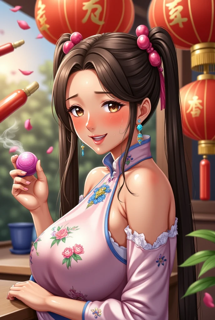 Eyes are very fragile，Double ponytail cheongsam，Chinese New Year Decorations（（Smile artwork）））， （（Best quality））， （（Intricate details））， （（Surrealism））（8K）