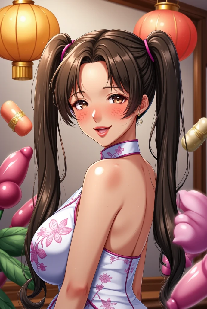 Eyes are very fragile，Double ponytail cheongsam，Chinese New Year Decorations（（Smile artwork）））， （（Best quality））， （（Intricate details））， （（Surrealism））（8K）