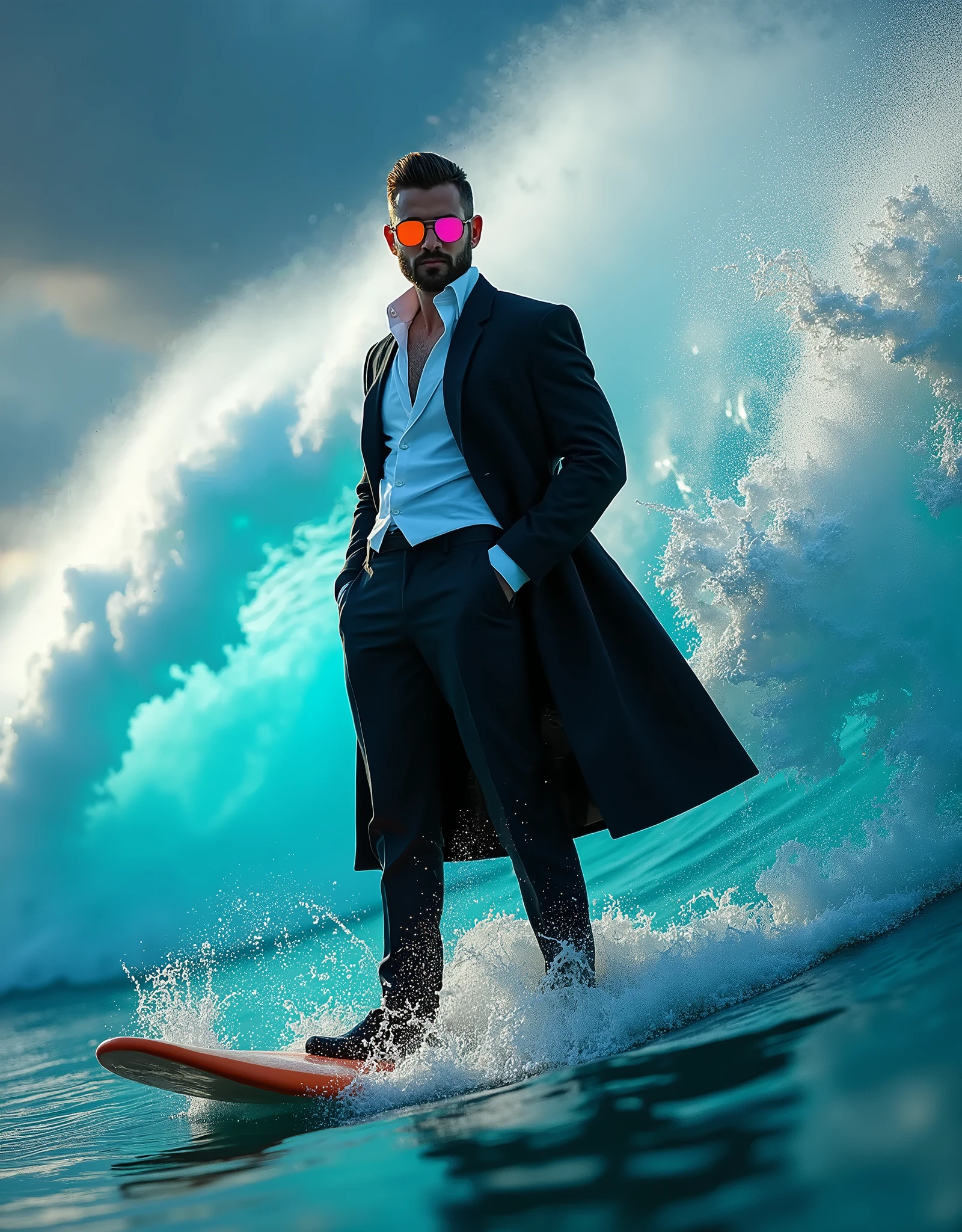 Professional photography, photo of a man wave surfing a great wave, he riding on the wave, he wearing a tuxedo, he is a fashionista, professional model posing, he wearing a colorful sunglasses, cinematic lighting, light flare, hand in pocket, intricate detailed, vibrant lighting, epic vibes