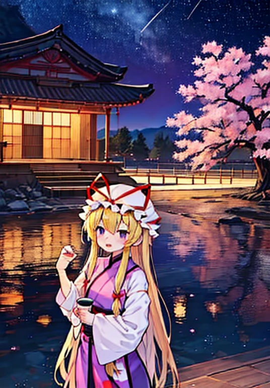 Yakumo Yukari is drinking sake under the cherry blossoms at night🍶　Full moon on a moonlit night🎑　Meteor shower and cherry blossom flurry🌸