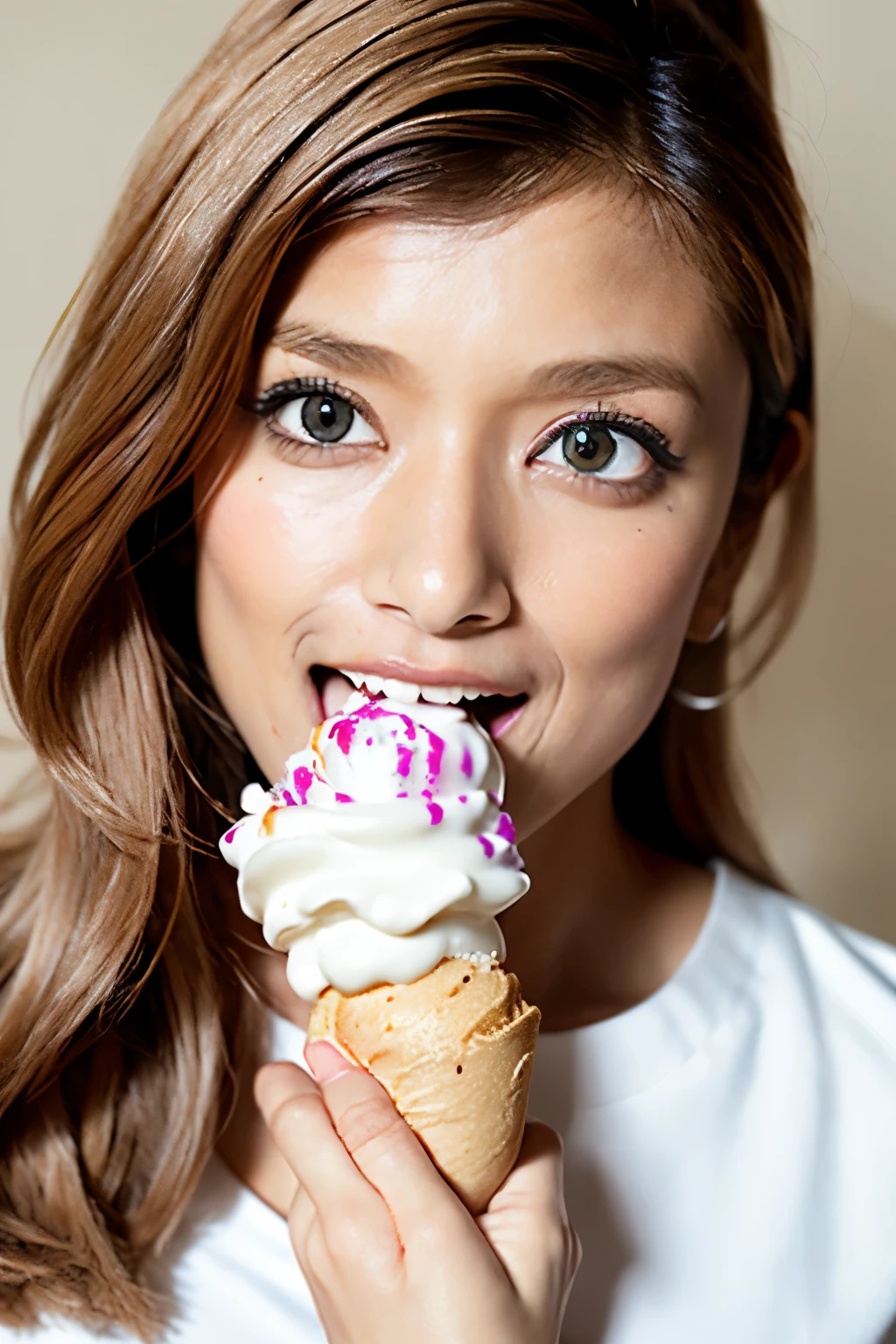 masterpiece, best quality, intricate details, extremely detailed, cinematic lighting, solo, 1girl, (eating a soft-serve ice cream in right hand, shovel a soft-serve ice cream into mouth, fully open mouth:1.4), {high ponytail | pigtail}, cute face, extremely detailed face, beautiful detailed eyes, sophisticated nose, pale skin, fine-textured skin, shiny skin, photo background, in a uniform, licking it with tip of tongue, smile, from side,