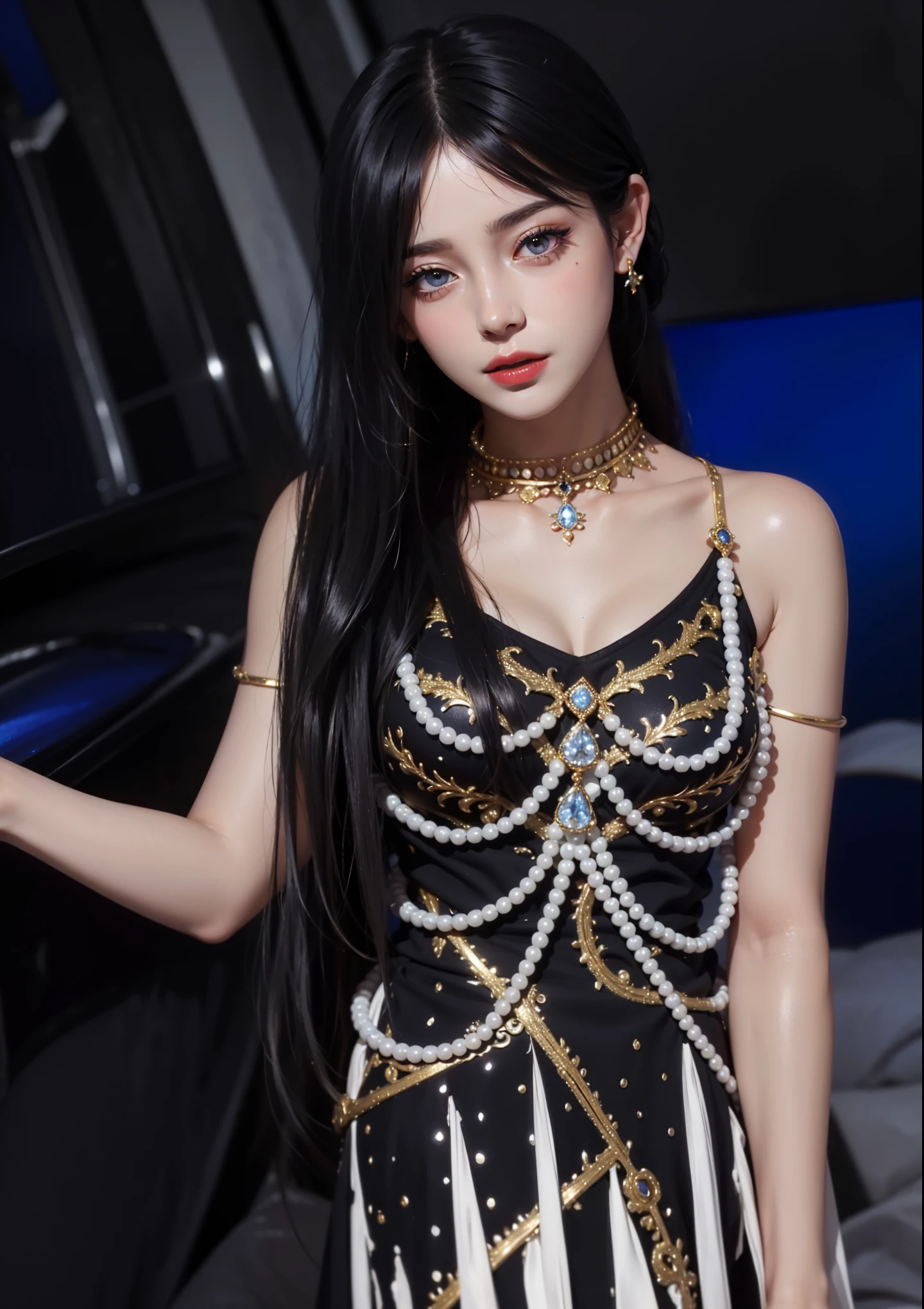mermaids，Wear a bandeau，Dark and thick hair，Indifferent eyes，The eyes are as cold as ice，Delicate facial features，Cool temperament，Mature royal sister，photorealestic