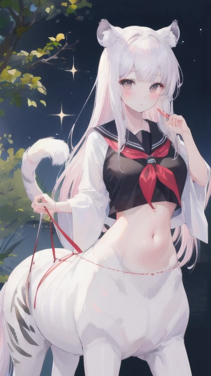 (best quality, masterpiece), 1 girl, centaur, I beg, White skin, Japanese schoolgirl, daughter, black pink, exposing the abdomen, belly button t-shirt , beautiful girl perfect, White tiger photo, 완벽한 White tiger photo