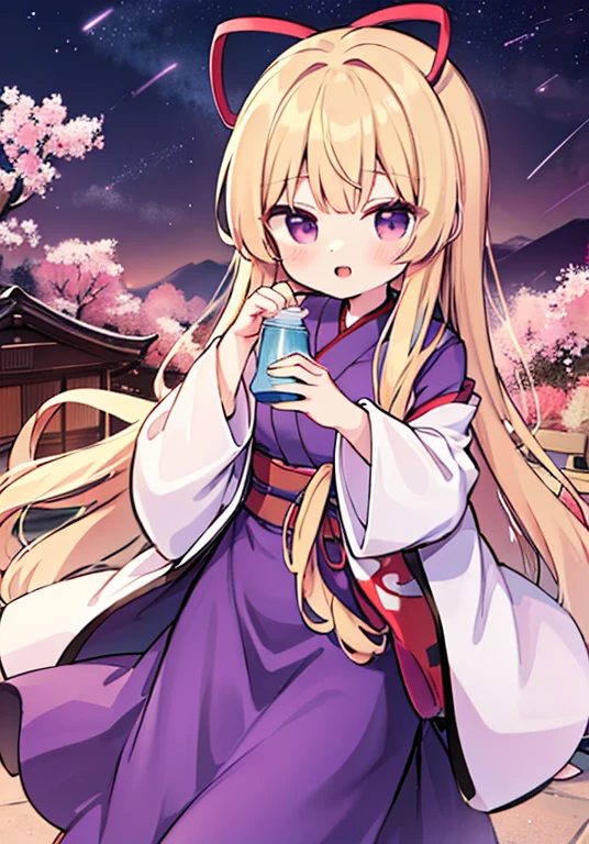 Yakumo Yukari is drinking sake under the cherry blossoms at night🍶　Full moon on a moonlit night🎑　Meteor shower and cherry blossom flurry🌸　