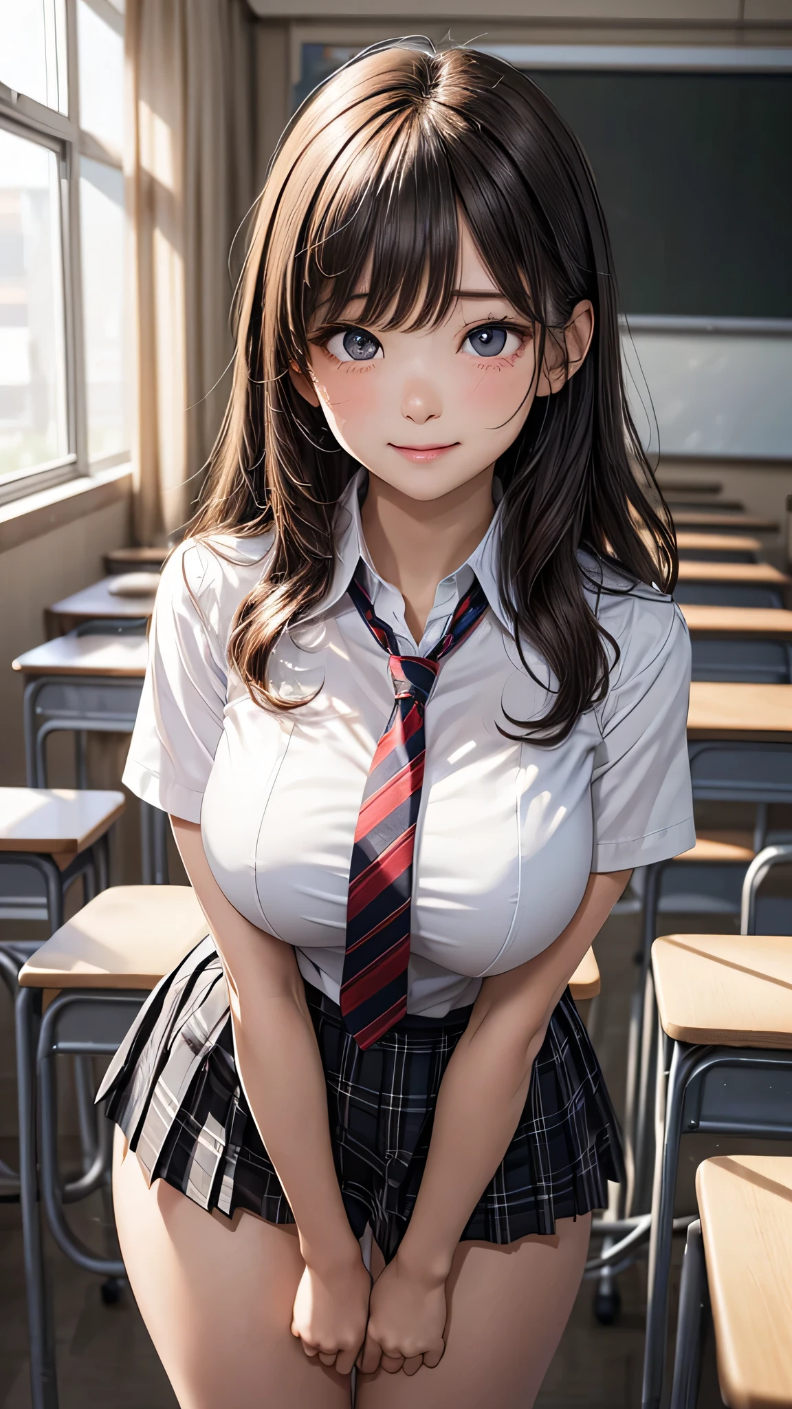 realistic, young school girl, li, brown hair, glowing eyes, school uniform, classroom, parted lips, blush, night, flowers, sun, sunlight, midriff, cleavage, tight stockings, wet clothes, transparent clothes