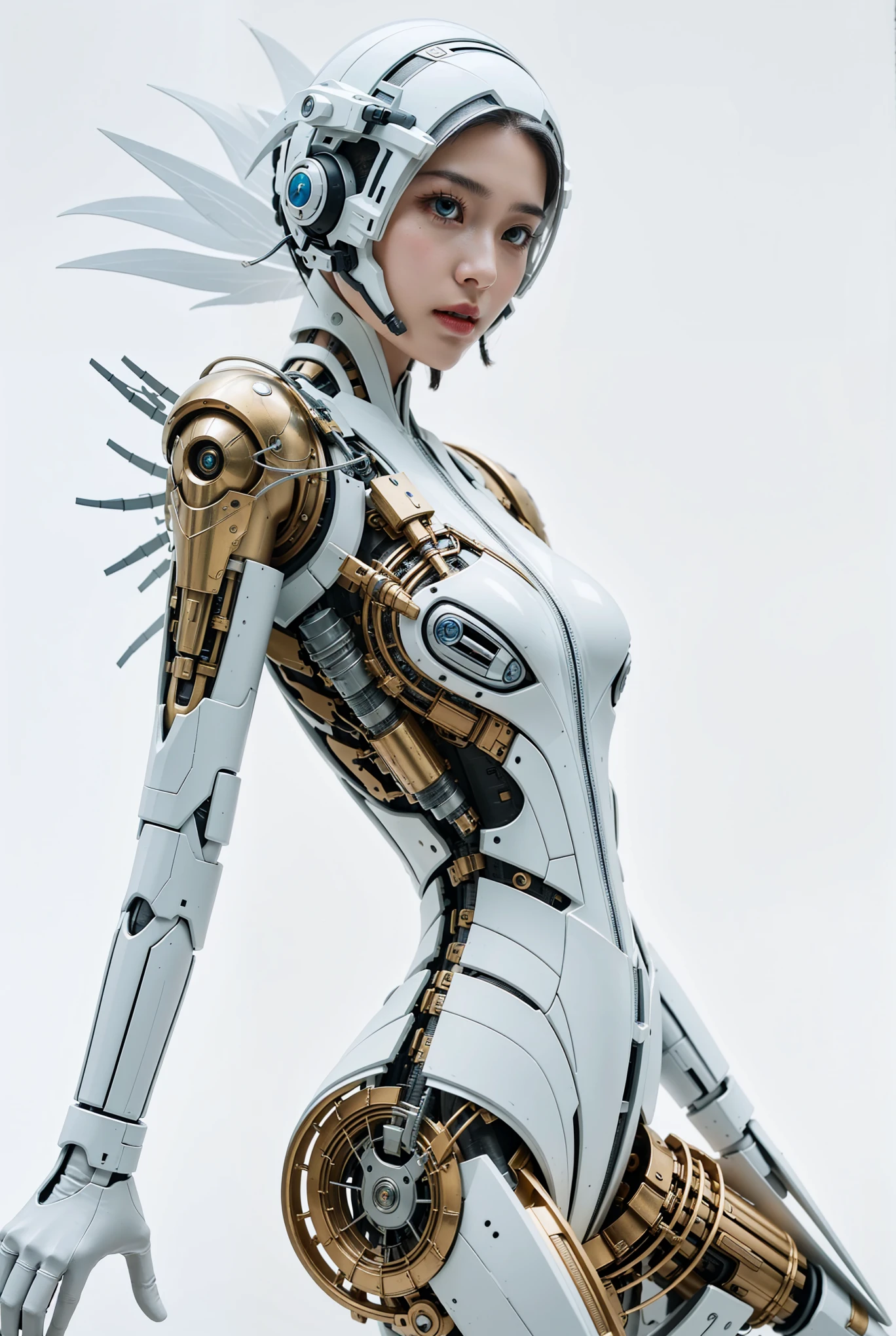 body, body, woman, Ultra-realistic, robot, cyborg, Plain background, Stands facing the spectators, super high quality, Metal, Dressed, (View your viewers), saggy,