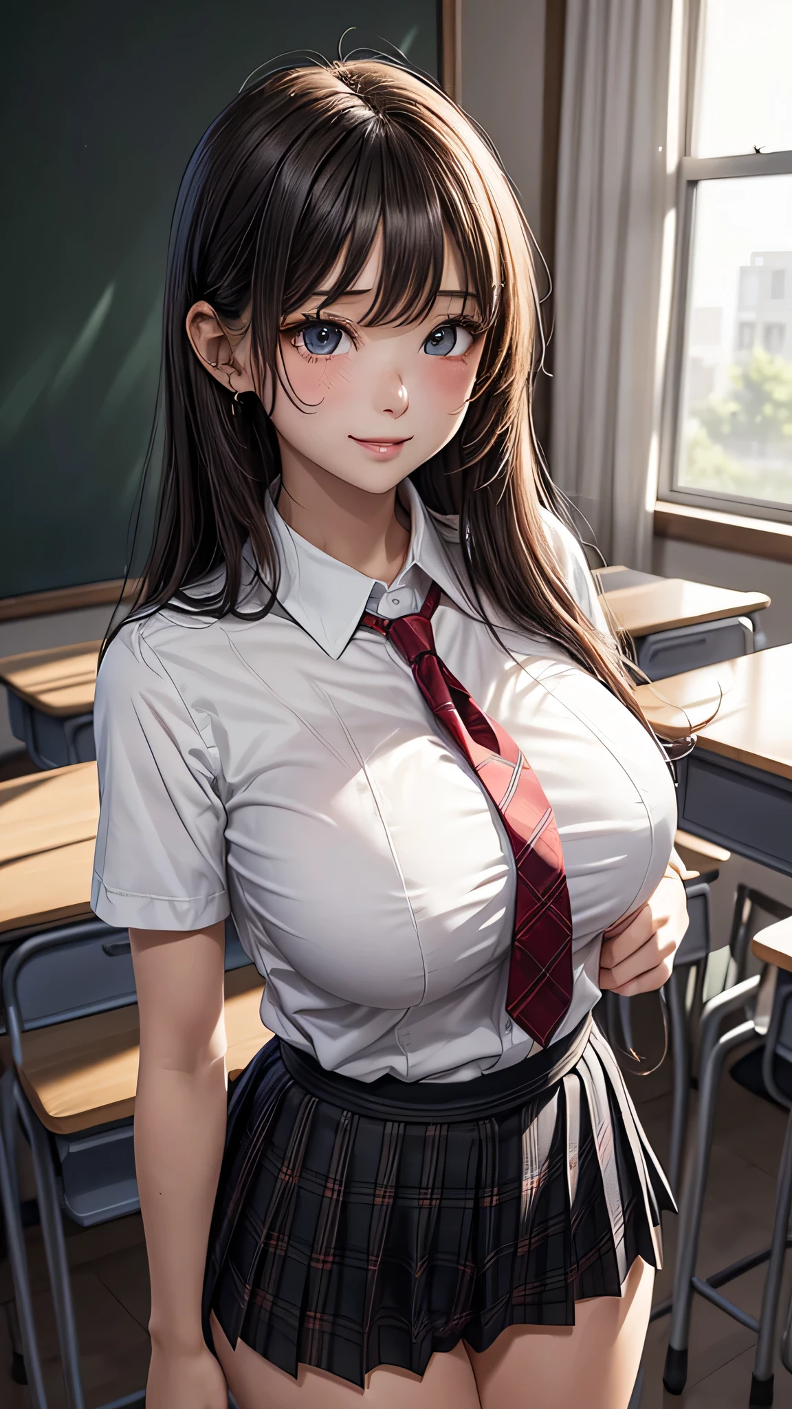 (classroom), (Standing), (girl), (Huge breasts:1.3), (tie), (White short sleeve collared shirt:1.3), (Checkered Pleated Skirt:1.1), (Beautiful black eyes down to the last detail), (Attractive thighs:1.3), (Full Body Shot:1.2), Big Eyes, (Beautiful Face), Perfect Face, (High nose), (Red cheeks:1.4), (Laugh a little), (Embarrassed face:1.2), Best Quality, High resolution, (Beautiful Mature), (masterpiece), (Very nice and beautiful), (Perfect detail), (Unity CG 8K Wallpaper), (complete character depiction:1.4),