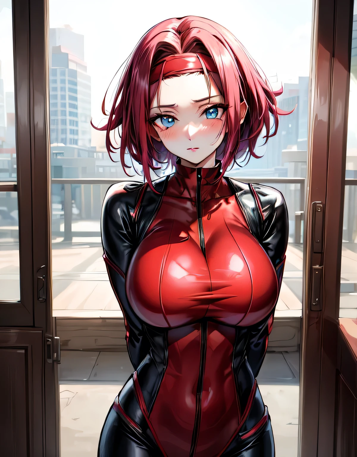 Karen Stadfeld,lips,blue eyes,pink hair,spiky hair,hair intake,(red headband:1.2),(red bodysuit:1.2),indoor hall,blush,(large breasts:1.74),(shiny hair),((solo)),((masterpiece)),((best quality)),perfect anatomy,slim waist,perfect image,8k UHD,(beautiful detailed eyes:1.5),extremely detailed face,standing,(upper body:1.2),(look at the front:1.5),ultra-detailed,absurdres,ultra-highres,arms behind back,