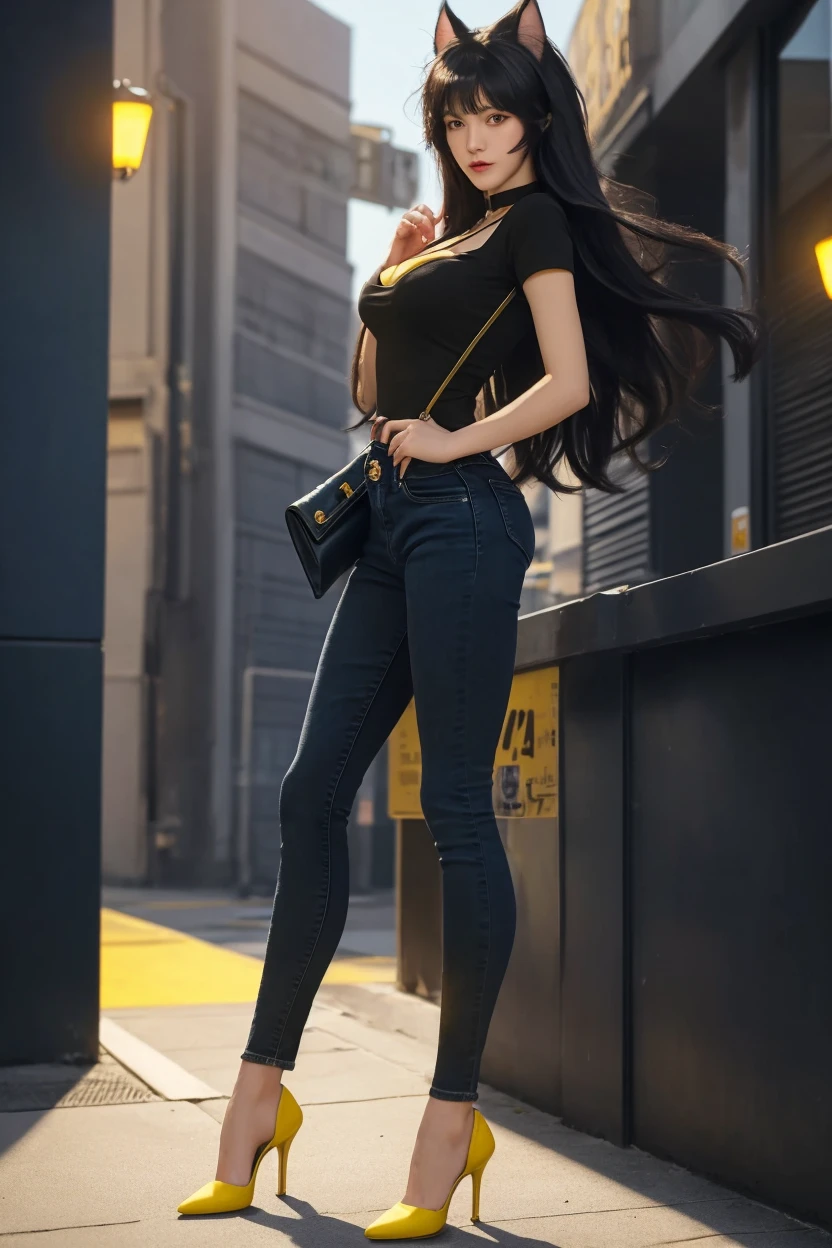 highest quality、8K masterpiece、超A high resolution、(Realistic:1.3)、RAW Photos、Girl 1、Denim pants、No bra、Silver charm on the ankle、Black boots、Super long straight black hair、Long Hair、Hair blowing in the wind、Glowing Skin、1. Cyberpunk Bike Rider、((Ultra-Realistic Details))、Portraiture、Global Illumination、Shadow、Octane Rendering、8k、Ultra Sharp、Beautiful breasts、Cool colors、darkness、Very intricate details、Realistic Light、CGSoation Trend、Beautiful Eyes、Shining Eyes、To the camera、Neon Details、20Year、Such a beautiful face、Intelligence、Obscene、sexy、smile、whole body、Healthy Body、Manhattan at night in the background、Helipad on a high-rise building、like、charm、いたずらっぽいsexyな、Place your hand on your chest、Make the background more vivid、future、Toe angle、Whiter skin、Standing posture、More realistic facial features、retrospective exhibition、Wide Shot、whole body、More realistic Japanese faces、Panoramic view of the building、wild、