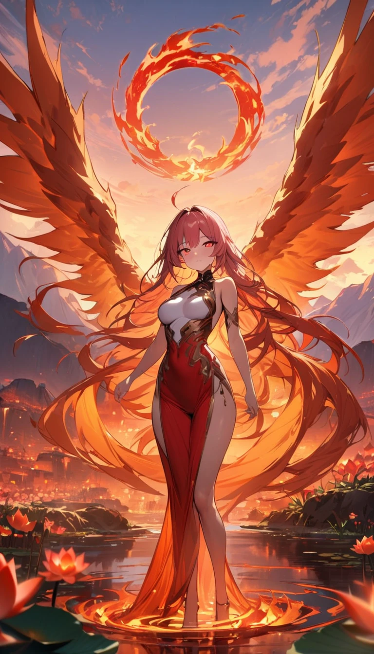 Anime adulte woman, anime style, red hair, detailed beautiful orange eyes, beautiful body, beautiful face, (naked), without clothes, fire cover her body and legs, fire hides breasts, fire hides genital, (with fire phoenix wings), fire background, fire all around the woman, body recovers of flames, from behind anglr, fire focus