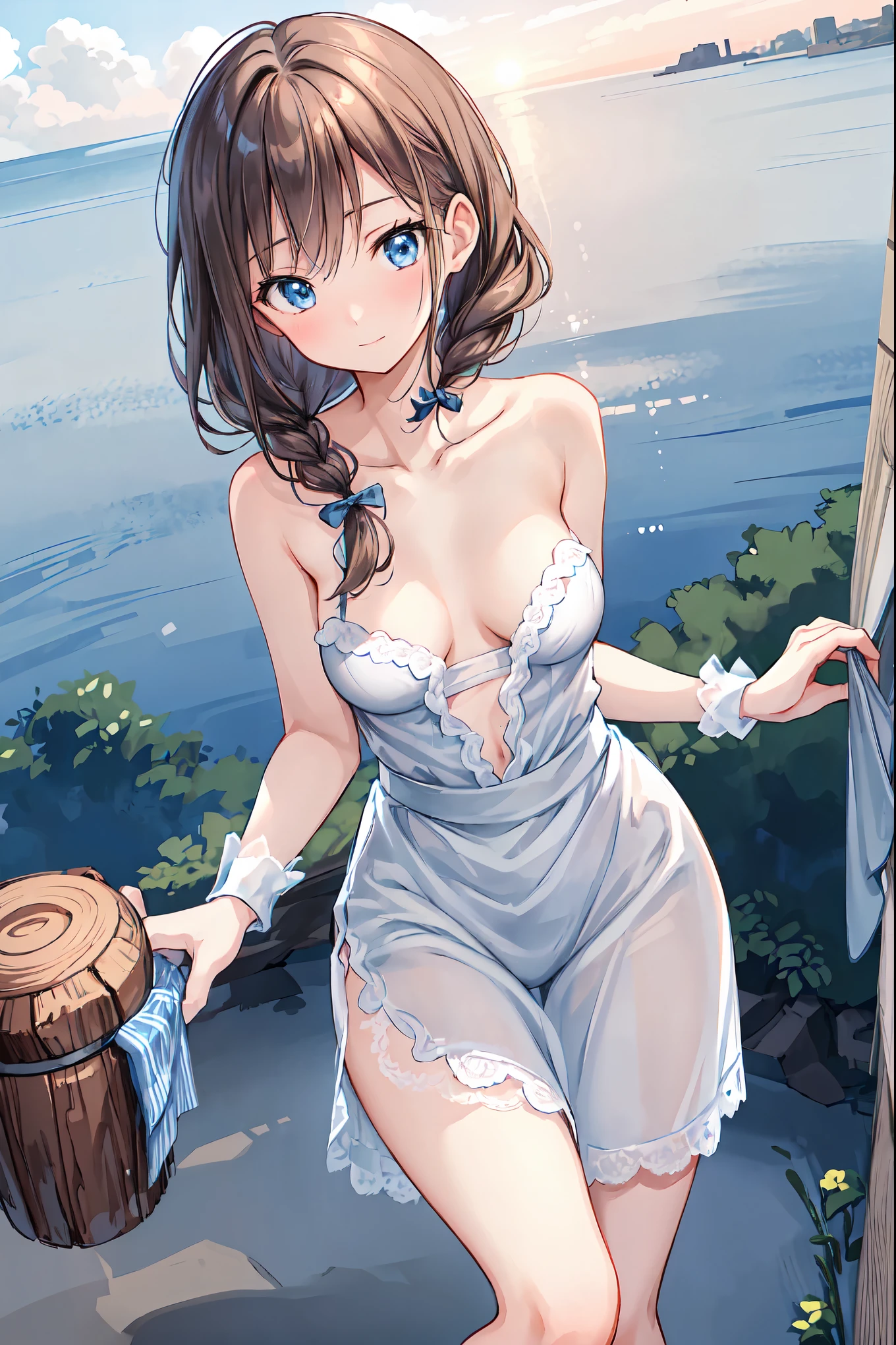 Beautiful and charming woman in fashion trend, Full body: 1.6, Holding flowers, Random hairstyle, Sitting under a parasol, By the sea, tight slip dress random color, wind blowing hair, Blue sky and white clouds, delicate sexy collarbone, Cover chest, charming goose egg face, Double eyelids, Smart peach blossom eyes, Pink lips, small upturned nose, Bare shoulders, Focused face, Face Close-up, Ultra-high definition, Super Detail, ultra-thin translucence, Fresh and good, See-through, Pink