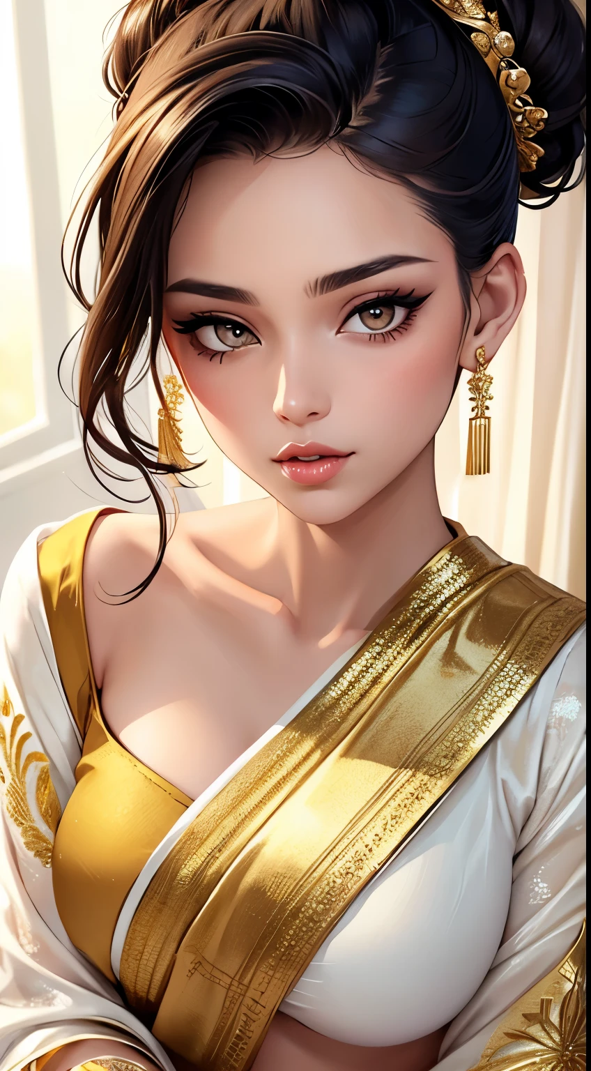 Amazing portrait of a sexy woman with her hair tied back in a low bun with her eyes emphasised by smokey eyeliner gazing at us seductively with her perfect lips parted wearing gold blouse and a white saree with gold embroidery that showcases the creamy expanse of her porcelain skin